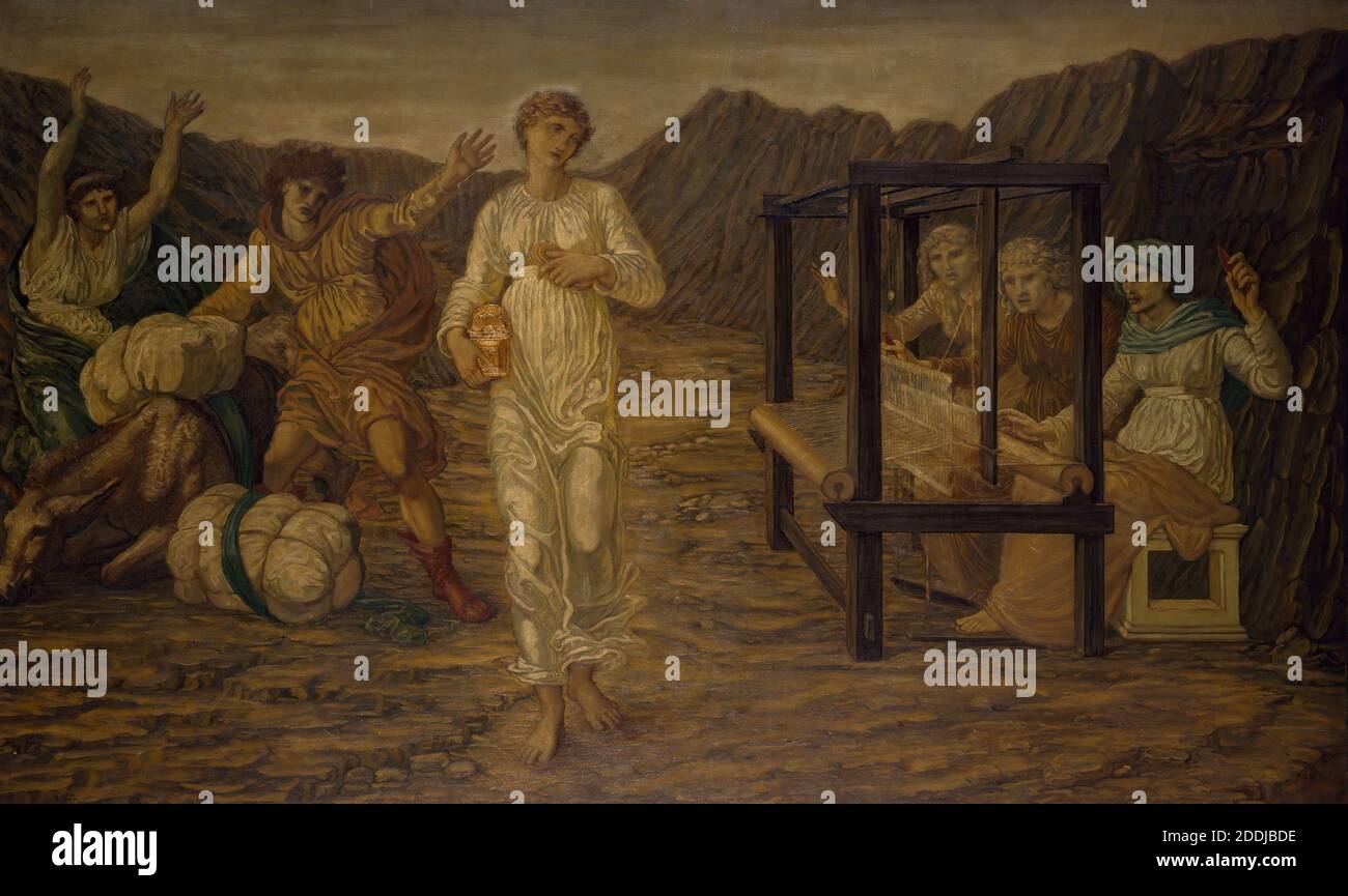 Cupid et psyché, peintures murales vertes du Palais, psyché par Vénus la tâche, 1881 par Sir Edward Burne-Jones et Walter Crane UNE scène du poème épique de William Morris, 'le Paradis terrestre'., mythologie romaine, peinture à l'huile, pré-Raphaelite, Animal, Donkey, Underworld, Weaving Banque D'Images