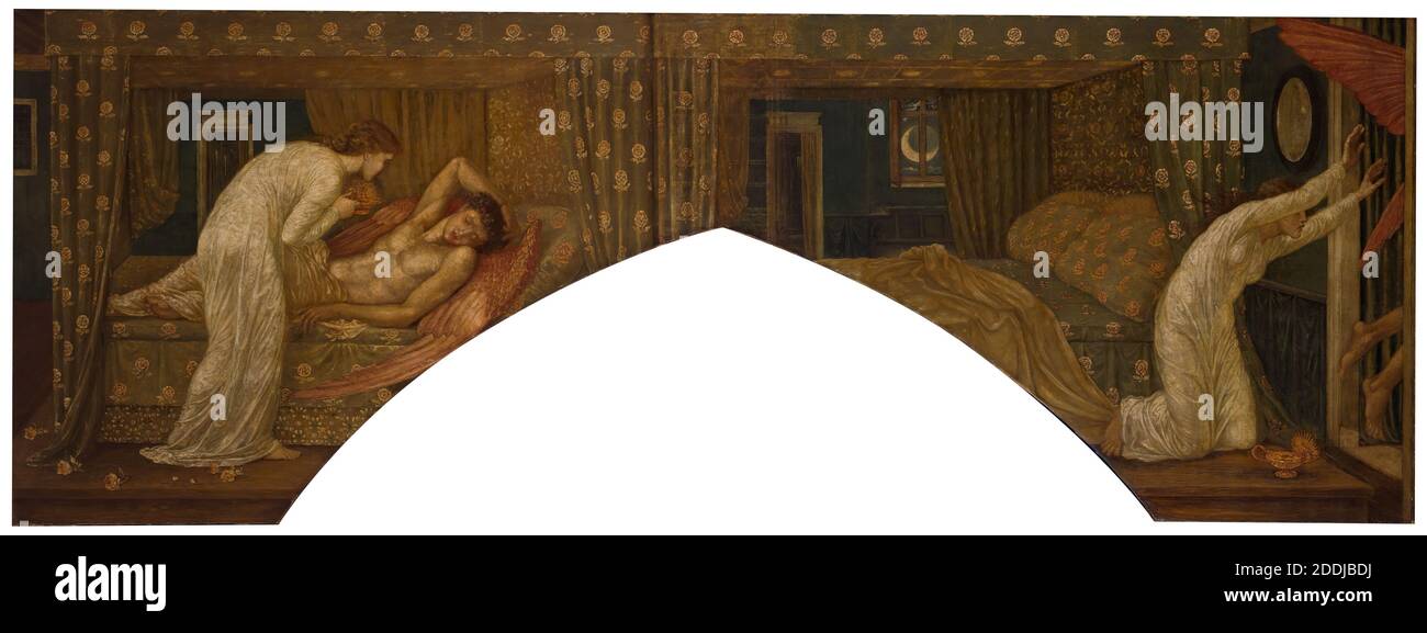 Cupid et psyché, peintures murales vertes du palais, psyché tenant la lampe regarde sur le visage de la coupide dormant et psyché abandonné, 1881 par Sir Edward Burne-Jones et Walter Crane UNE scène du poème épique de William Morris, 'le Paradis terrestre'., mythologie romaine, peinture à l'huile, BedroomPre-Raphaelite, Dieux romains Banque D'Images