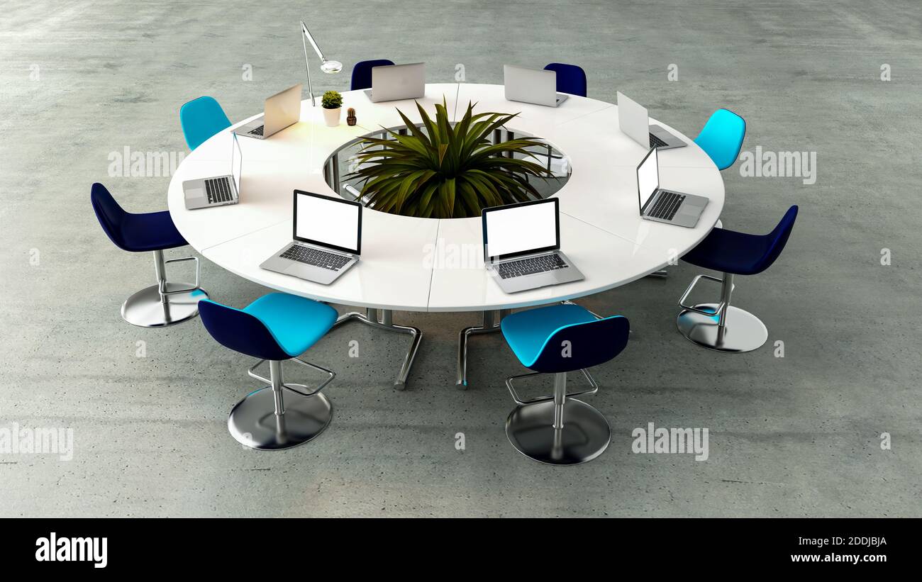 Salle de réunion moderne avec table ronde blanche ou bureau, chaises bleu  clair et foncé, concept de sol en béton rendu 3D Photo Stock - Alamy