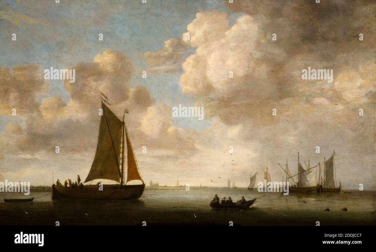 Vue à distance de la côte hollandaise, 1660 attribuée à Jutus de Verwer précédemment attribuée à Aelbert Cuyp, Boat, Cloud, Seascape, Sky, Marine art, Ship, Nautical, Maritime Banque D'Images