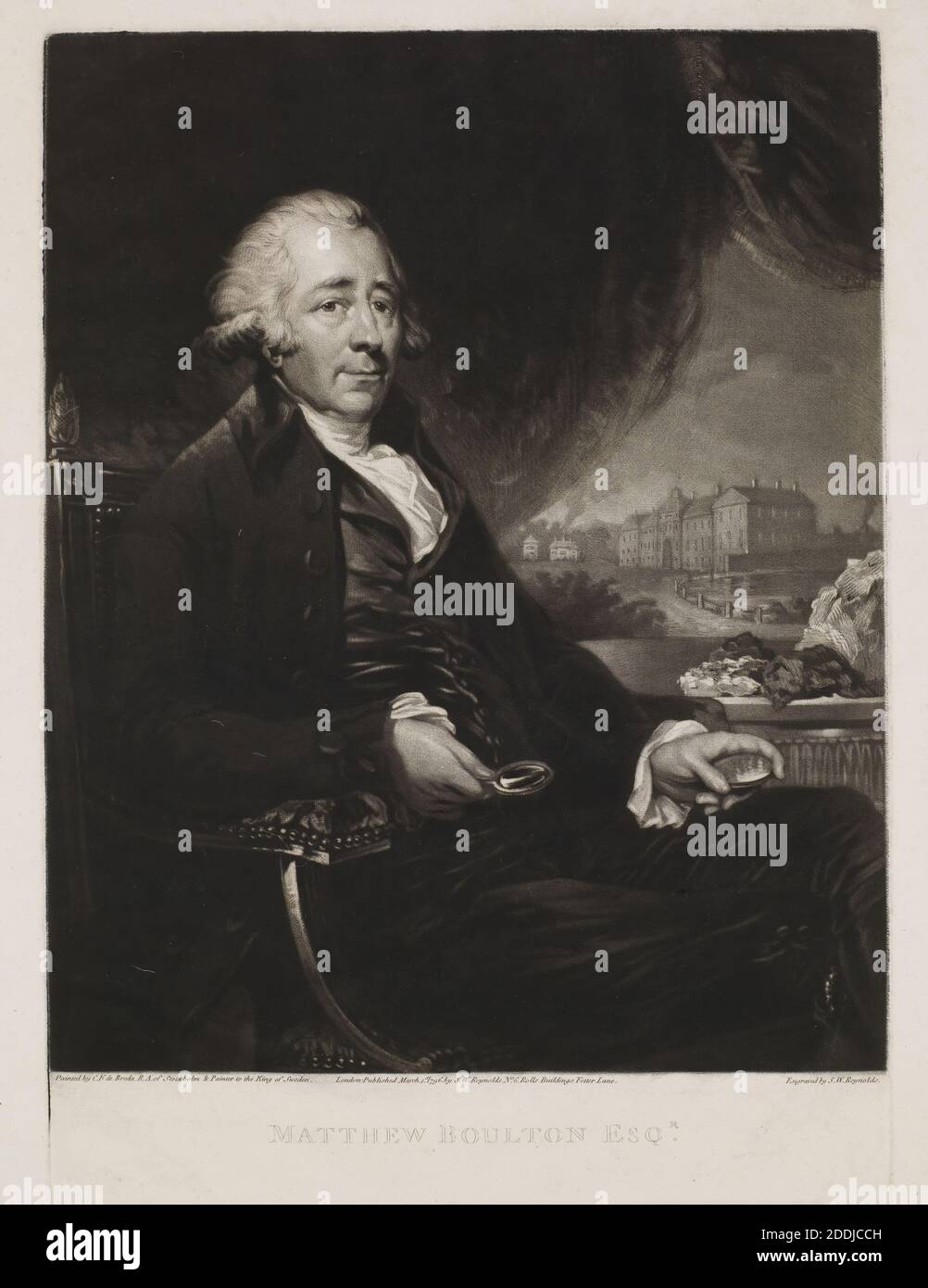 Portrait de Matthew Boulton gravé par Samuel William Reynolds, après un portrait de Charles Frederick von Breda., Matthew Boulton était l'un des principaux entrepreneurs et visionnaires du XVIIIe siècle. En partenariat avec James Watt, en 1775, il lance le développement et l'application industrielle de la machine à vapeur. En 1761, il a commencé à construire sa Manufactory Soho, où il a été le pionnier des techniques révolutionnaires de production. Il a également établi la première monnaie à la vapeur au monde., Science et Industrie, révolution industrielle, Portrait, Design industriel, Homme, Birmingham Banque D'Images