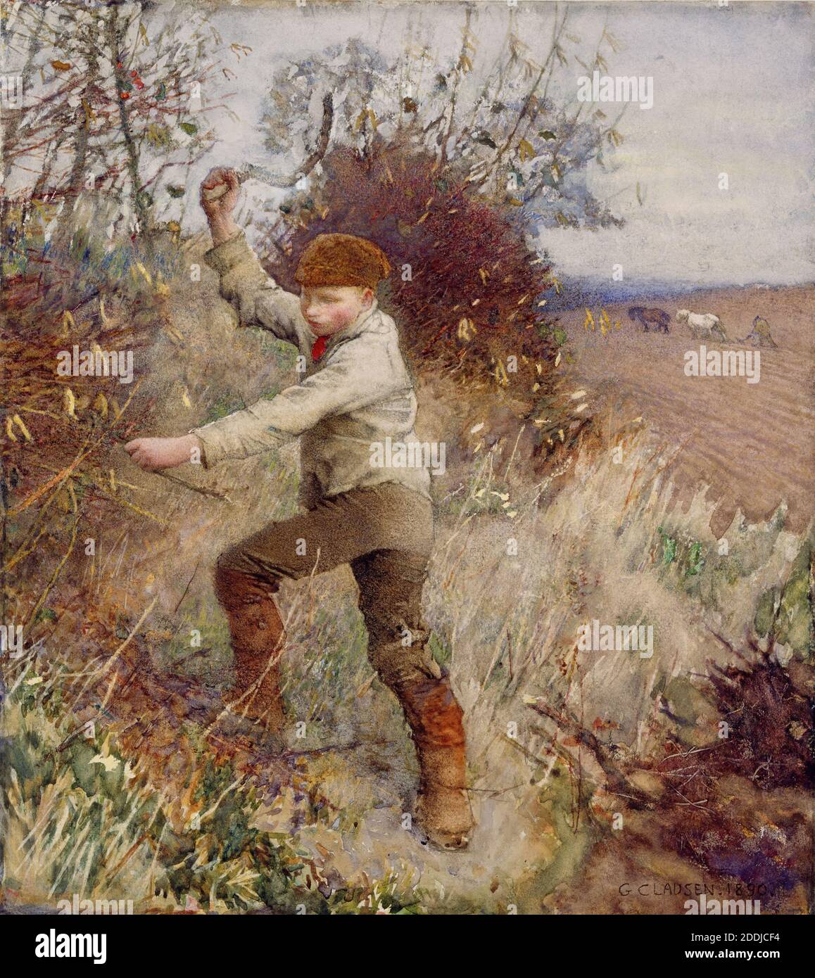A Boy Cutting a Stick, 1890 Sir George Clausen, également identifié comme «A Boy Triming a Hedge», Paysage, Aquarelle, Boy, saison, hiver, campagne, Agriculture Banque D'Images