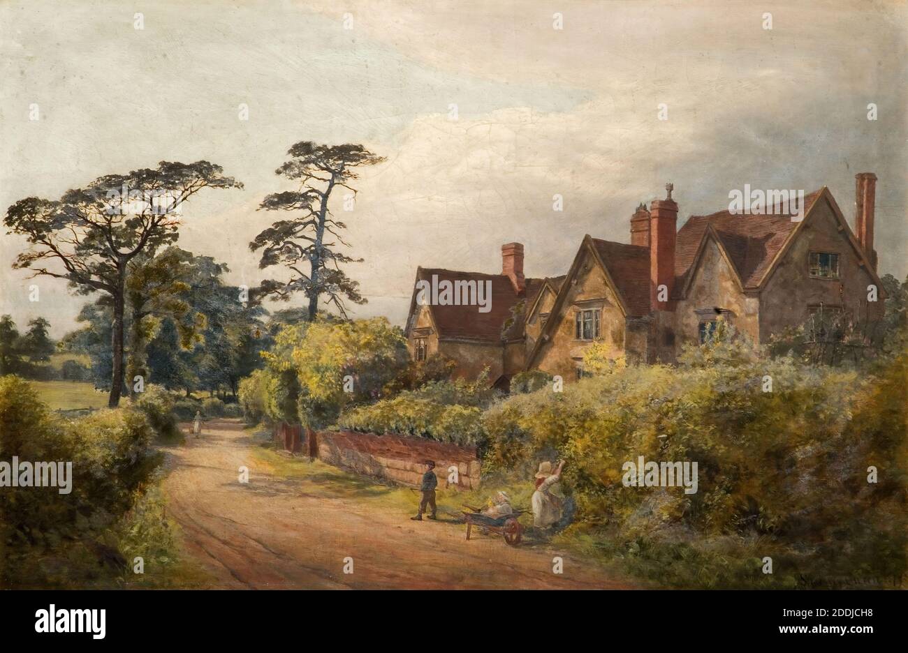 Tennal Old Hall, 1879 par Sidney Curry, Harborne, Birmingham, arbre, peinture à l'huile, vues topographiques, campagne, Architecture, Maison, Angleterre, Midlands Banque D'Images