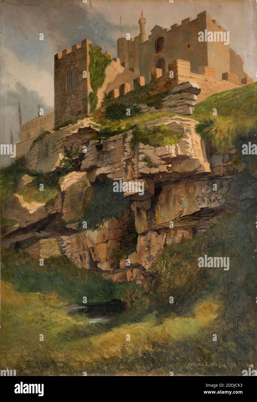 Falaises à Marazion, Cornouailles, 1858 par Benjamin Johnson Jnr, peinture à l'huile, Architecture, Cornouailles, Eglise, falaise Banque D'Images