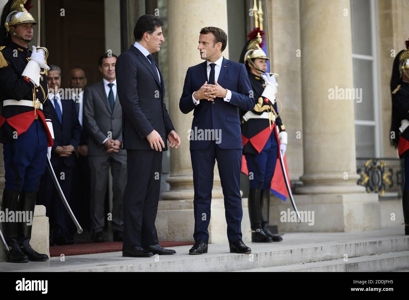Le président français Emmanuel Macron et le gouvernement régional du  Kurdistan irakien Netchirvan Barzani geste au palais de l'Elysée à Paris,  France, le 10 juillet 2019. Photo par Eliot Blondt/ABACAPRESS.COM Photo  Stock -
