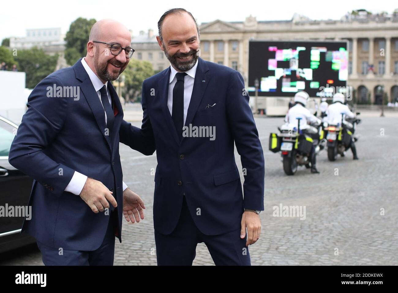 Charles Michel, Premier ministre de la Belgique, Edouard Philippe, Premier ministre, lors du 139e départ militaire du 14 juillet sur les champs-Elysées, jour de la Fête nationale. Paris, le 14 juillet 2019. Photo Stephane Lemouton/Pool/ABACAPRESS.COM Banque D'Images