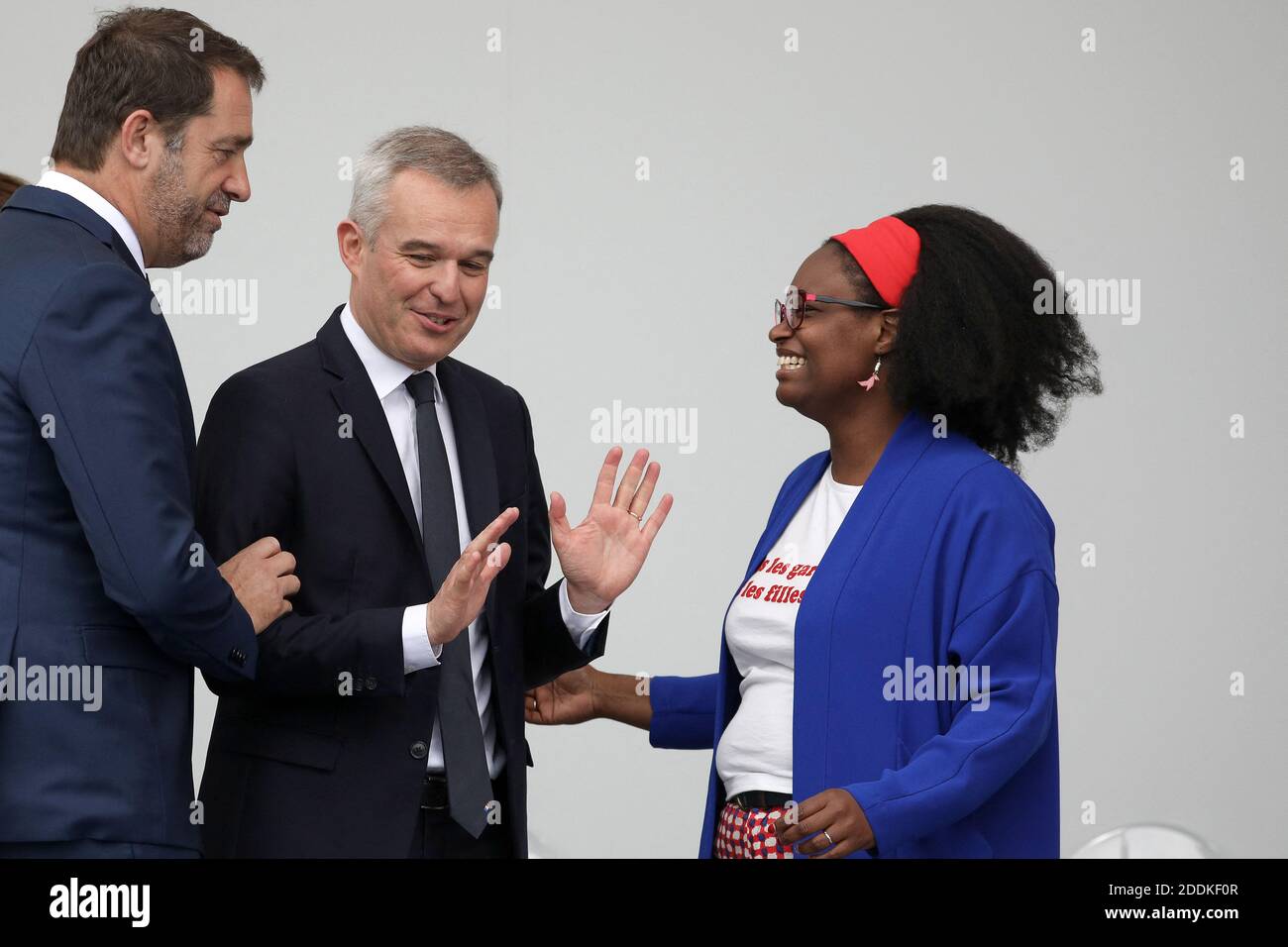 Sibeth Ndiaye, sectaire d'État à l'avance du Premier ministre et porte-parole du gouvernement, François de Rugy, ministre de la transition écologique et solidaire, Christophe Castaner, ministre de l'intérieur, lors du 139e fichier militaire du 14 juillet sur les champs-Elysées, jour de la Fête nationale. Paris, le 14 juillet 2019. Photo Stephane Lemouton/Pool/ABACAPRESS.COM Banque D'Images