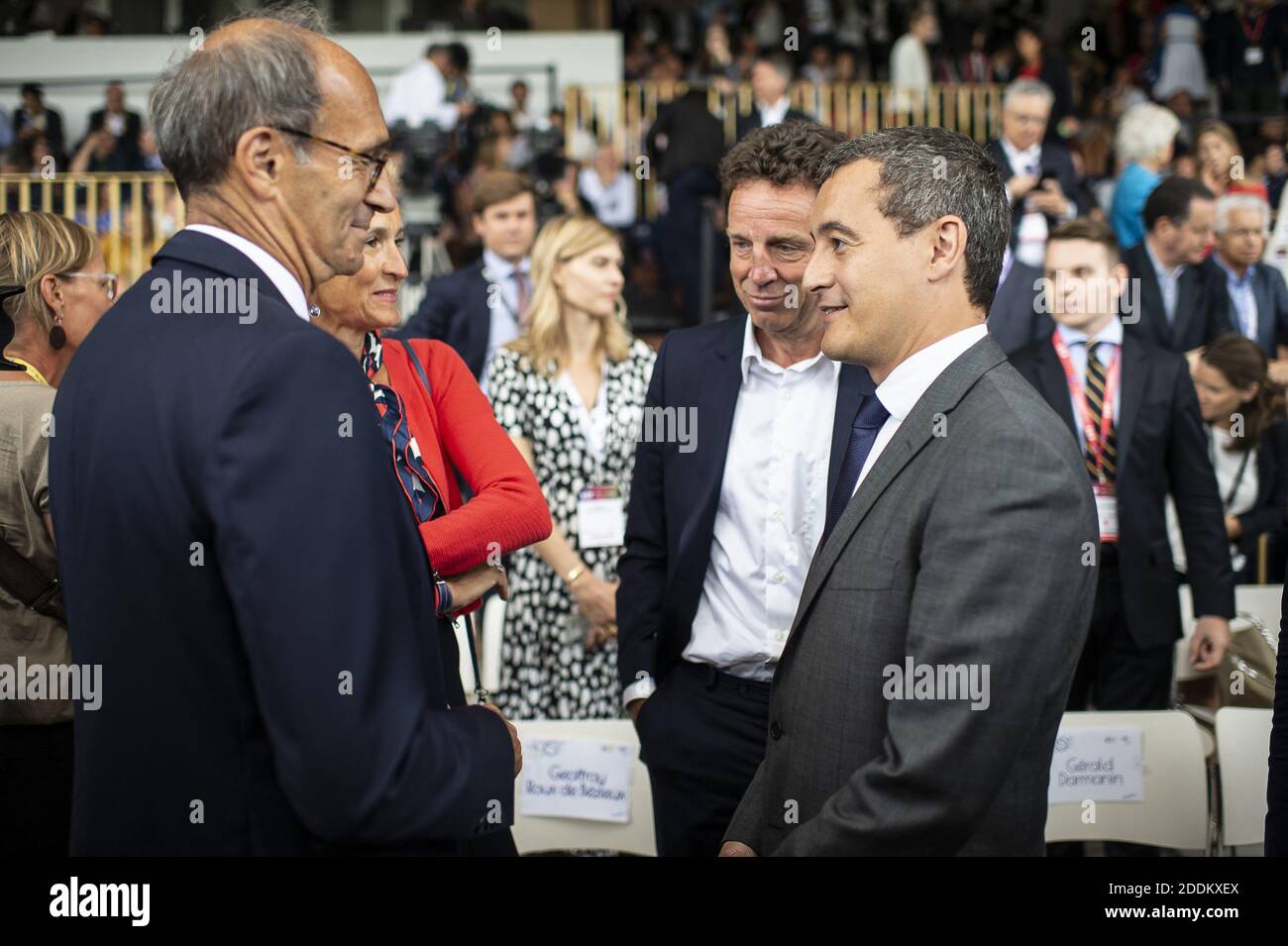 Eric Woerth avec Gerald Darmanin et Geoffroy Roux de Bezieux lors de la rencontre estivale de l'association patronale française Medef au circuit de Longchamp à Paris le 29 août 2019. Photo par Eliot Blondt/ABACAPRESS.COM Banque D'Images