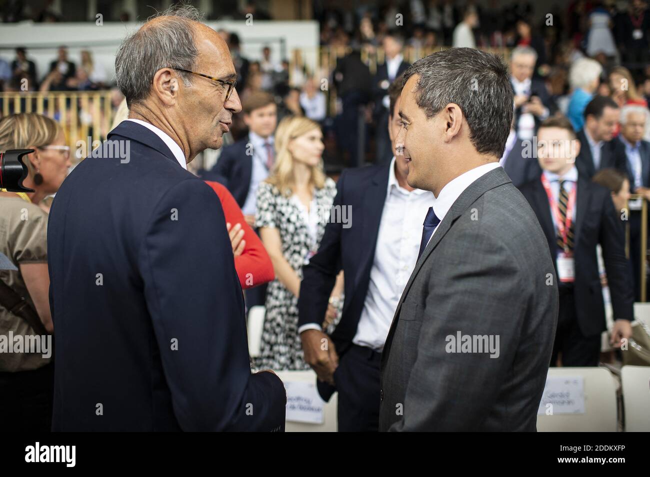 Eric Woerth avec Gerald Darmanin et Geoffroy Roux de Bezieux lors de la rencontre estivale de l'association patronale française Medef au circuit de Longchamp à Paris le 29 août 2019. Photo par Eliot Blondt/ABACAPRESS.COM Banque D'Images