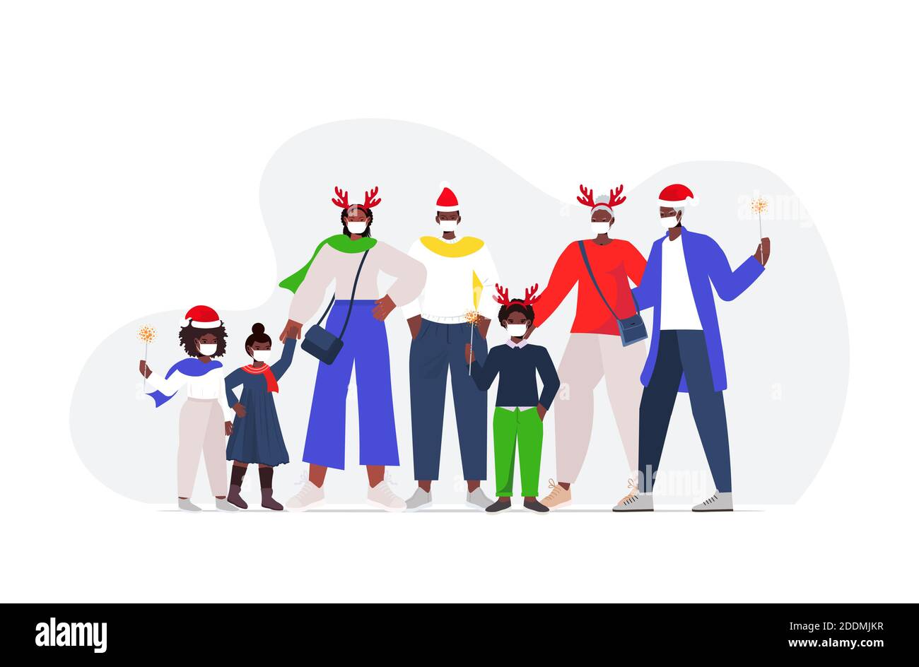 famille afro-américaine de plusieurs générations de chapeaux de père noël portant des masques pour prévenir la pandémie de coronavirus nouvelle année noël célébration concept illustration vectorielle horizontale pleine longueur Illustration de Vecteur