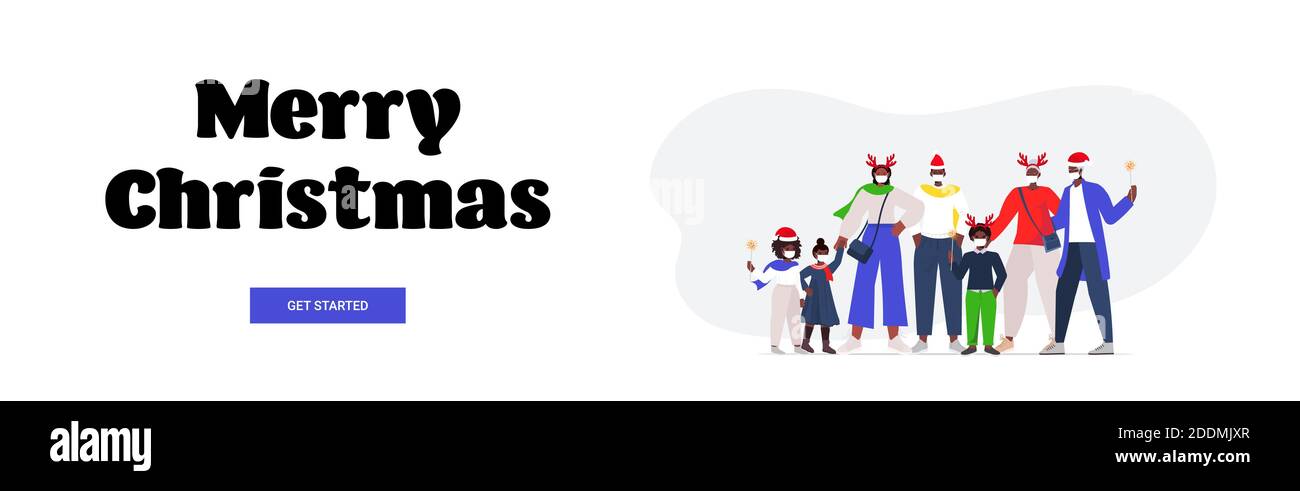 famille afro-américaine de plusieurs générations de chapeaux de père noël portant des masques pour prévenir la pandémie de coronavirus nouvelle année noël célébration concept illustration vectorielle horizontale pleine longueur Illustration de Vecteur