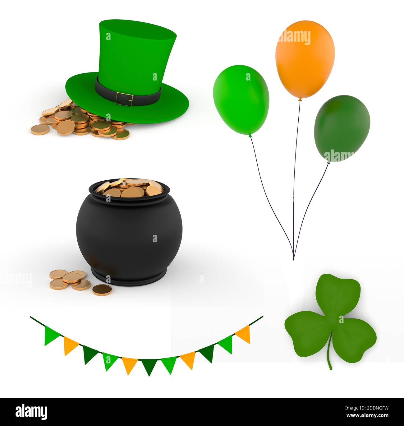 Un ensemble de symboles pour les fêtes de Saint Patrick. Le kit comprend : ballons, chapeau vert sur les pièces de monnaie, drapeaux, feuille de trèfle. Rendu 3D Banque D'Images