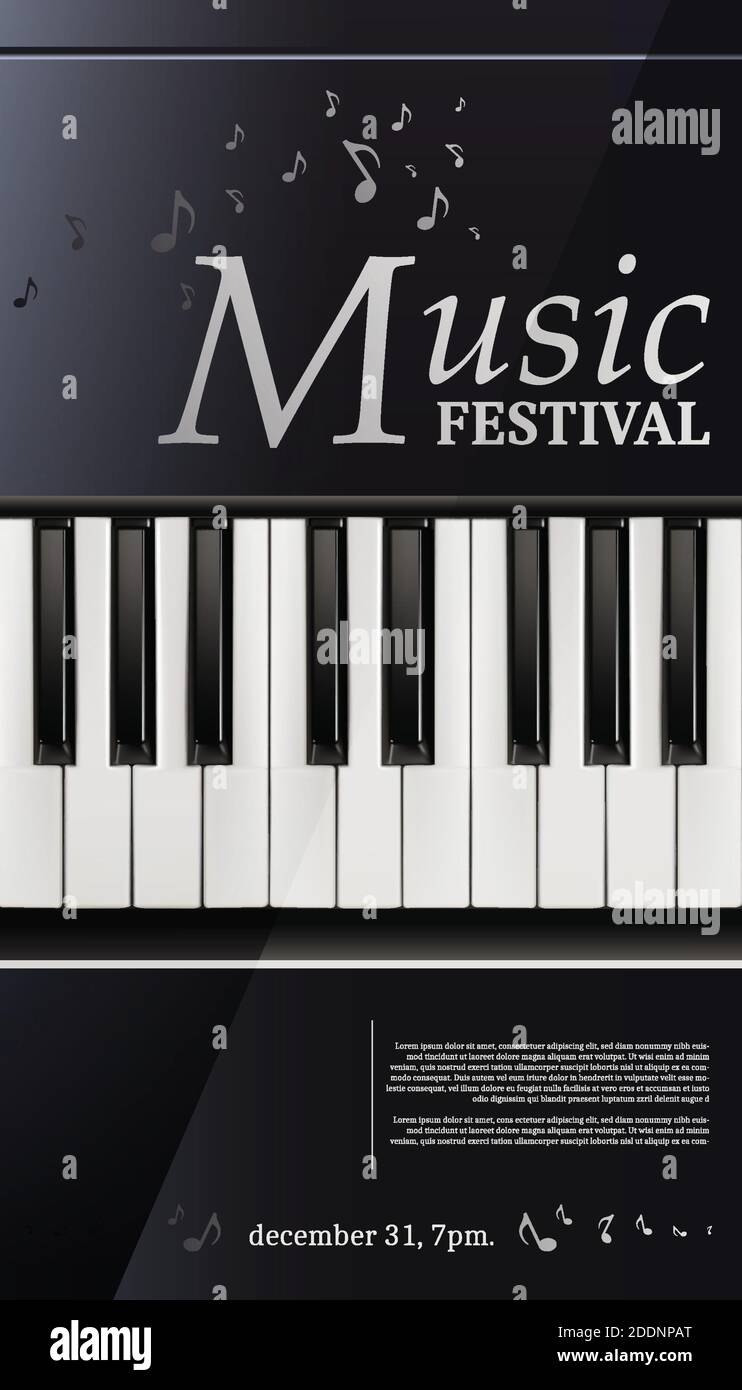 3d realistic vector music festival affiche piano avec clavier noir et blanc. Illustration de Vecteur