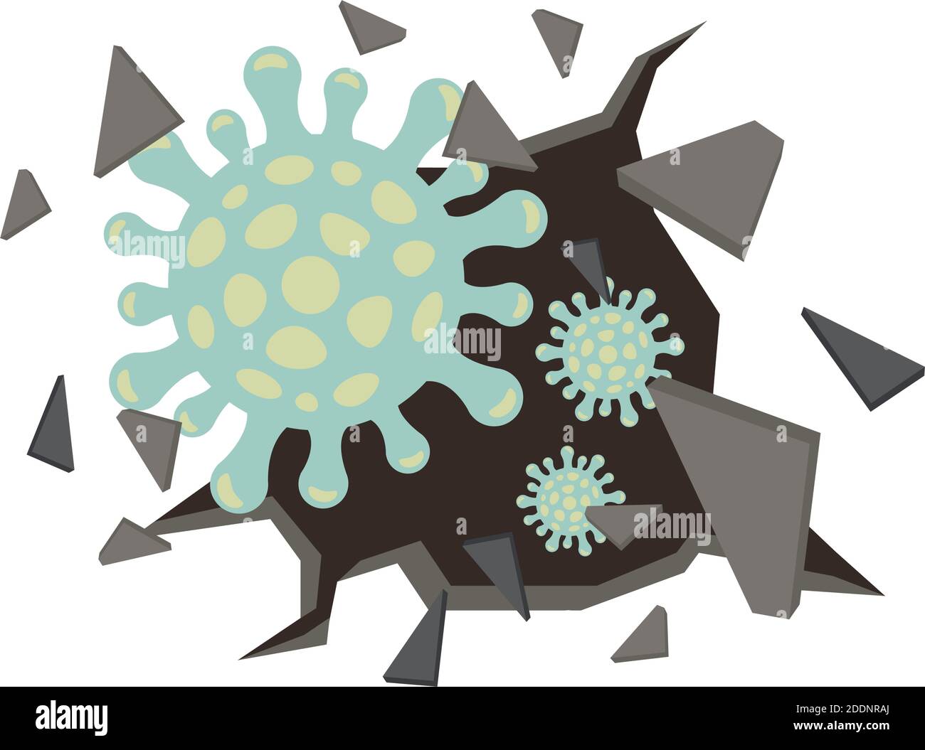 Virus Covid 19 se brisant du mur. Crise d'épidémie pandémique, verrouillage et récession des entreprises. Illustration vectorielle. Illustration de Vecteur