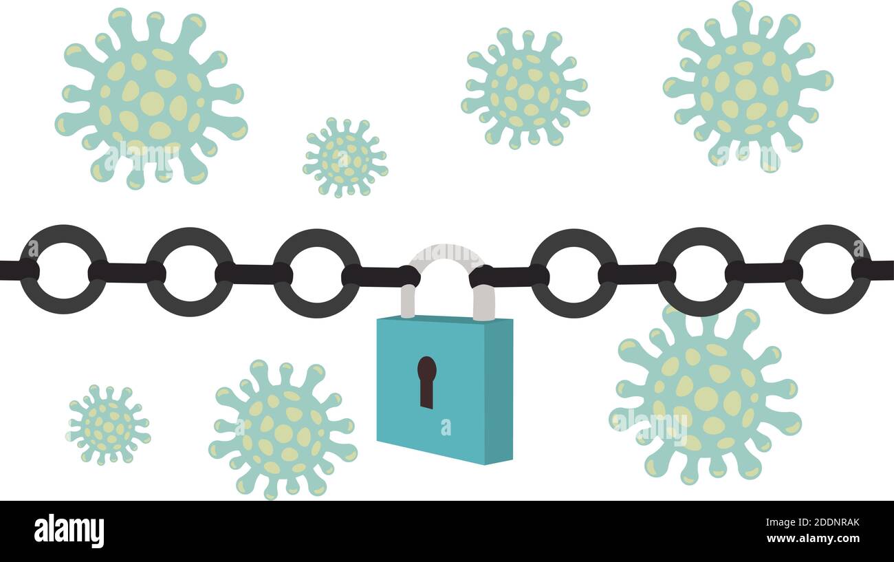 Confinement de l'éclosion pandémique COVID-19. Cadenas et chaîne métallique sur fond de virus. Fermeture gouvernementale des restaurants, magasins, non essenti Illustration de Vecteur