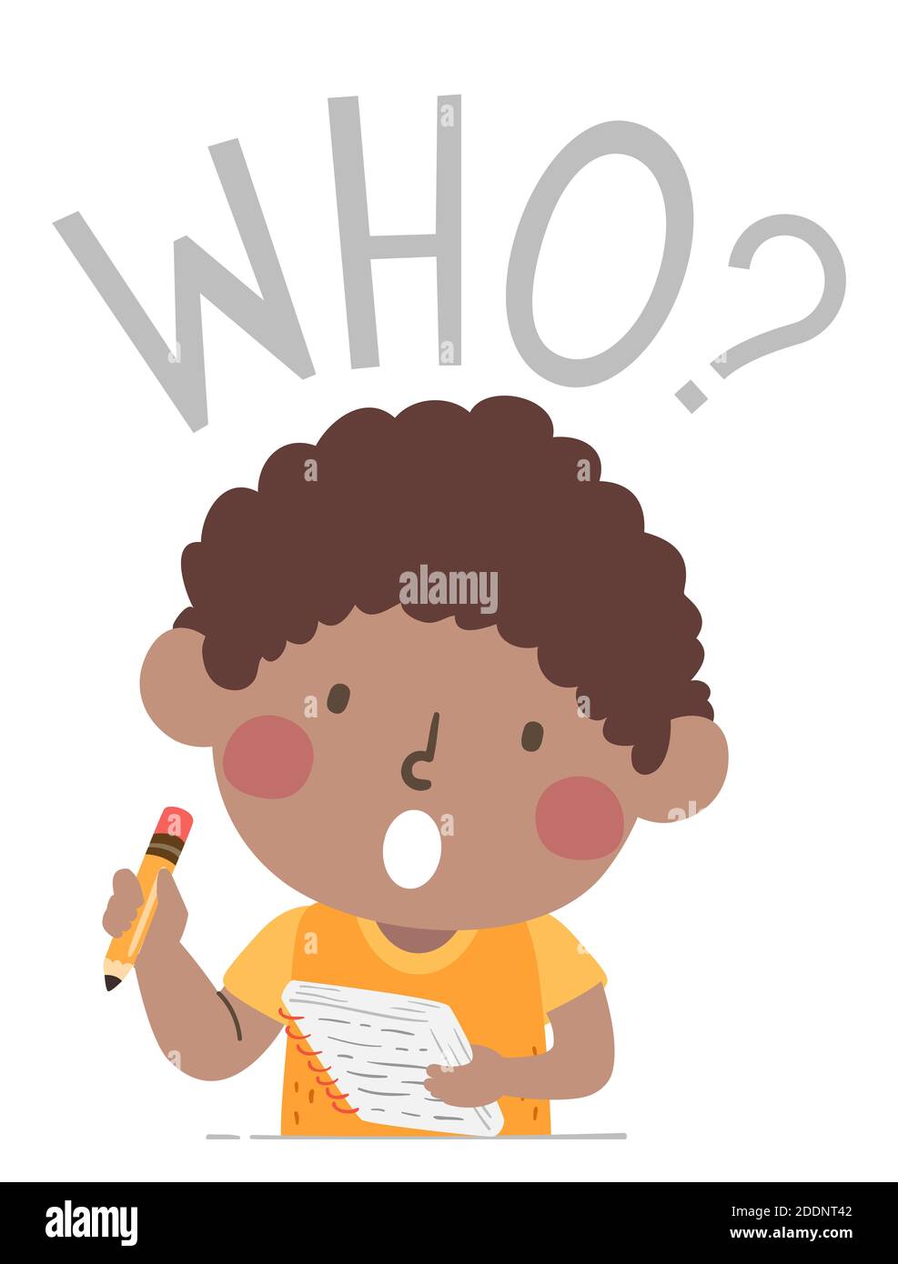 Illustration d'une trousse et de notes de maintien pour enfant et d'un crayon Poser une question de l'OMS pour une classe de journalisme Banque D'Images