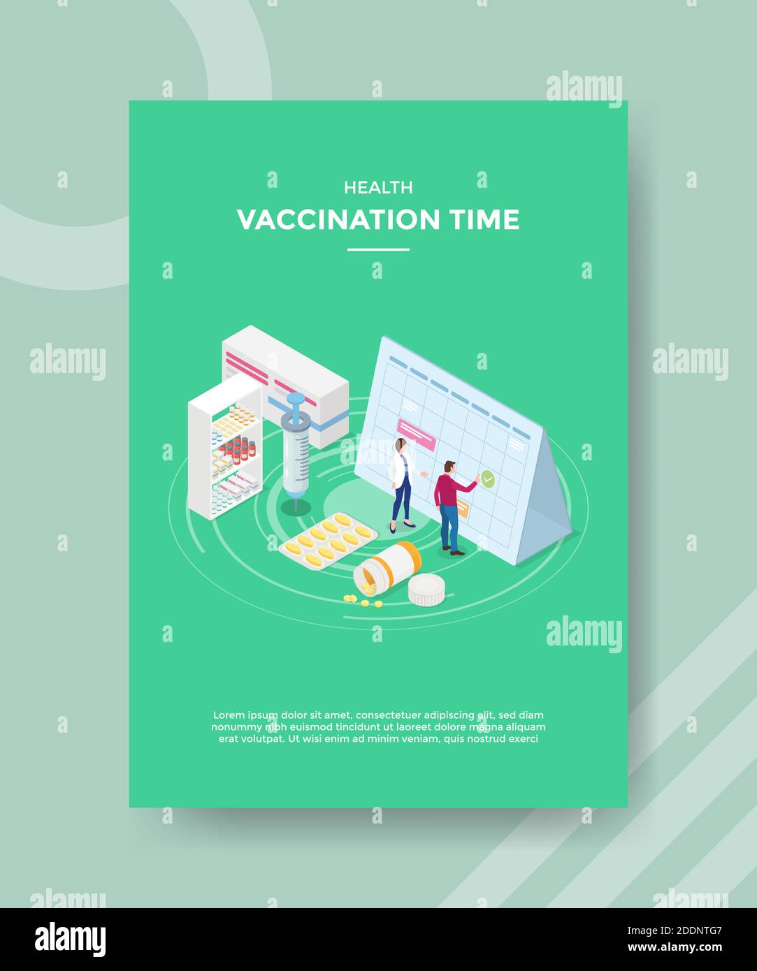 santé temps de vaccination personnes debout calendrier devant autour de la seringue de médicament pour le modèle de prospectus et l'impression de bannières livres de couverture moderne style plat Illustration de Vecteur