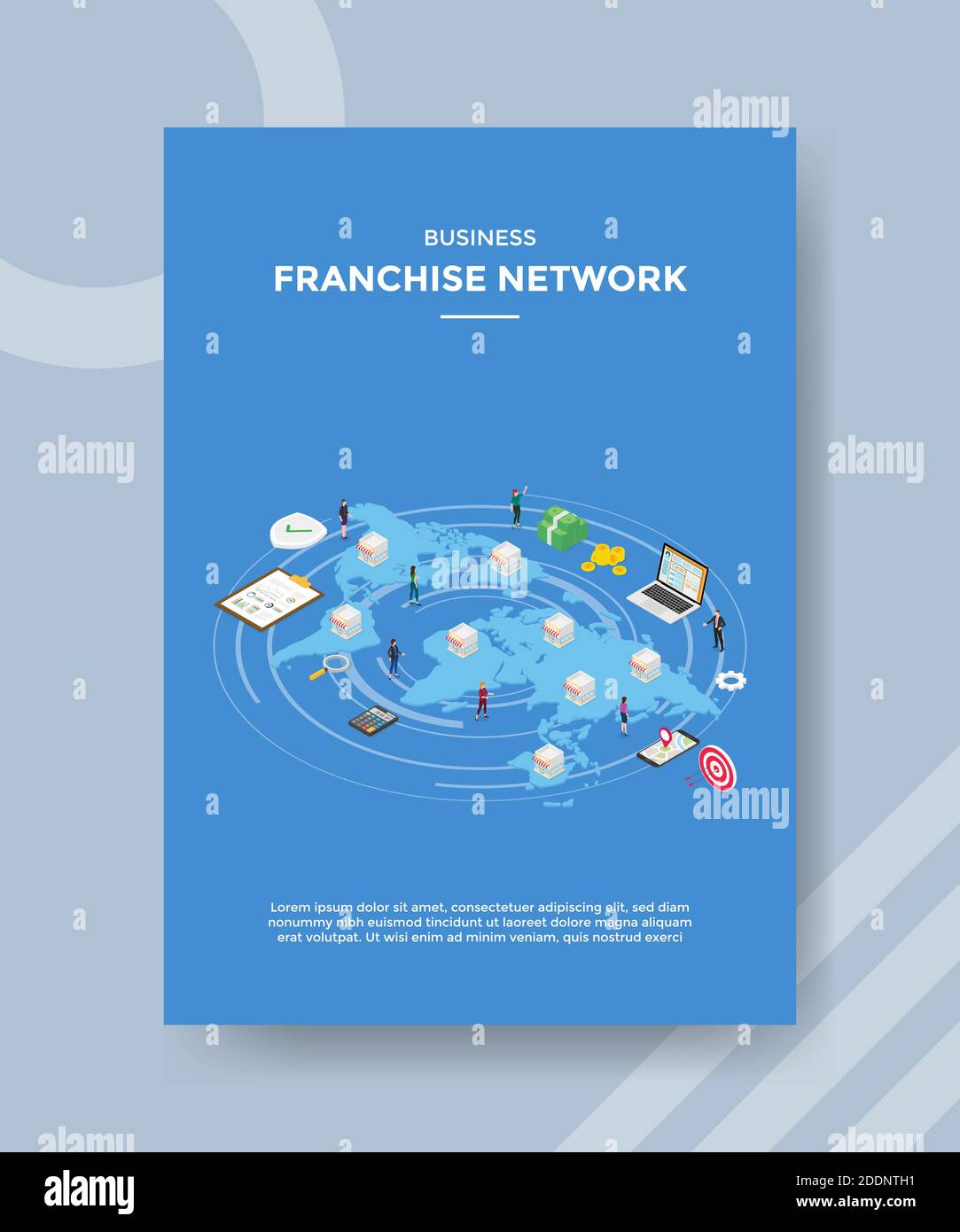 réseau de franchise d'affaires personnes se tenant autour de magasin argent calculatrice d'ordinateur portable smartphone pour modèle de prospectus et impression de livres de couverture de bannière moderne Illustration de Vecteur