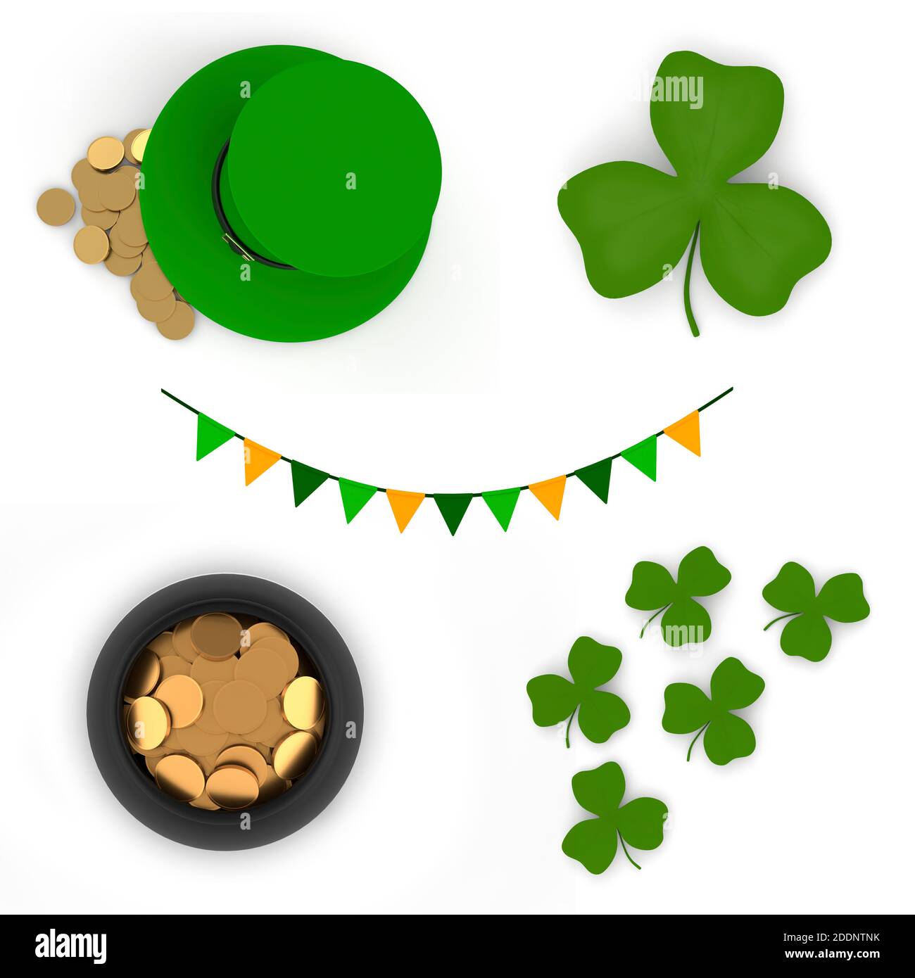 Un ensemble de symboles pour la Saint-Patrick. L'ensemble comprend : un chapeau vert sur les pièces de monnaie, des drapeaux, des feuilles de trèfle, un pot de pièces de monnaie. Vue de dessus de la visualisation 3D Banque D'Images