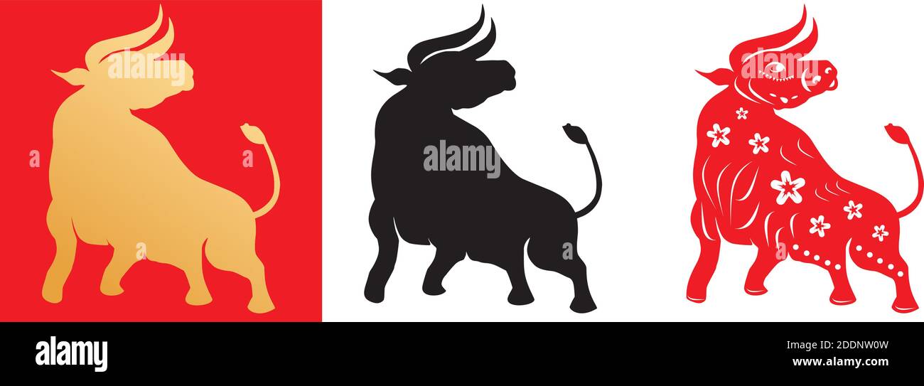 OX, symbole du zodiaque chinois de la nouvelle année 2021. L'ensemble se compose de taureaux de différents styles. Silhouette dorée, noire et rouge. Illustration de Vecteur