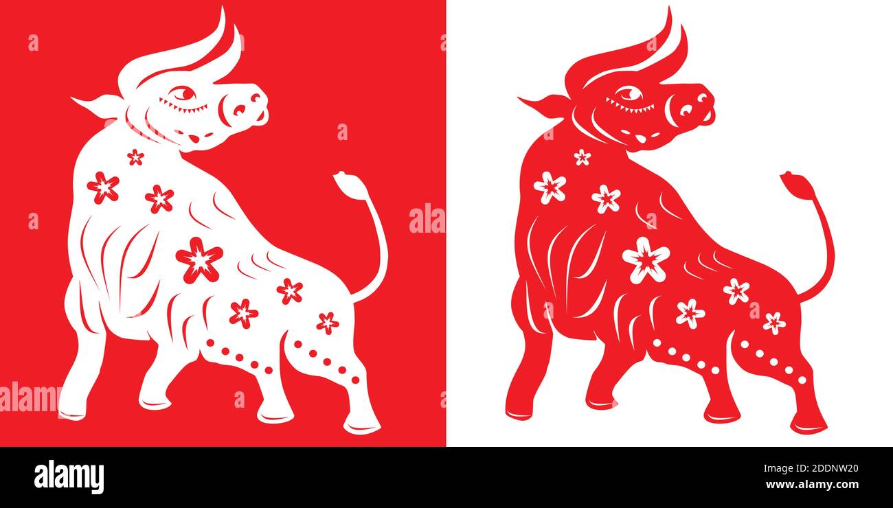 OX, symbole du zodiaque chinois de la nouvelle année 2021. L'ensemble se compose de taureaux de différents styles. Silhouette blanche et rouge. Illustration de Vecteur