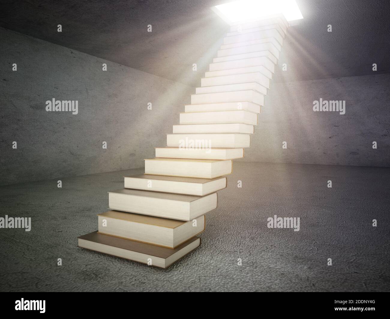 Pile de livres formant un escalier menant à l'ouverture sur le plafond. Banque D'Images