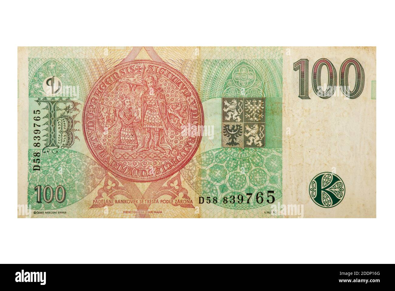 Vue inversée d'une République tchèque billet de banque Koruna 100. La monnaie officielle de la République tchèque depuis 1993 Banque D'Images