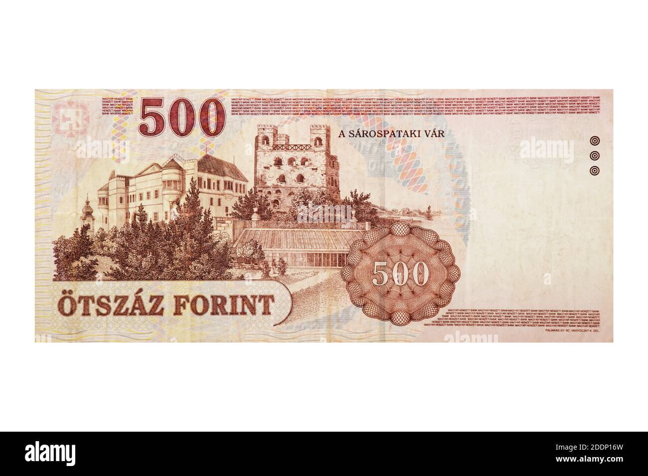 Vue inversée des billets hongrois de 500 forints isolés sur un arrière-plan blanc Banque D'Images