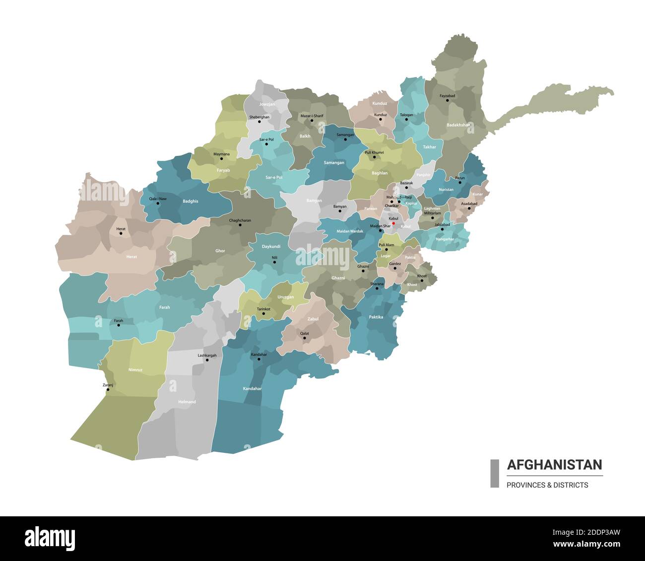 Carte détaillée du higt de l'Afghanistan avec subdivisions. Carte administrative de l'Afghanistan avec le nom des districts et des villes, coloré par les Etats et administrativ Illustration de Vecteur
