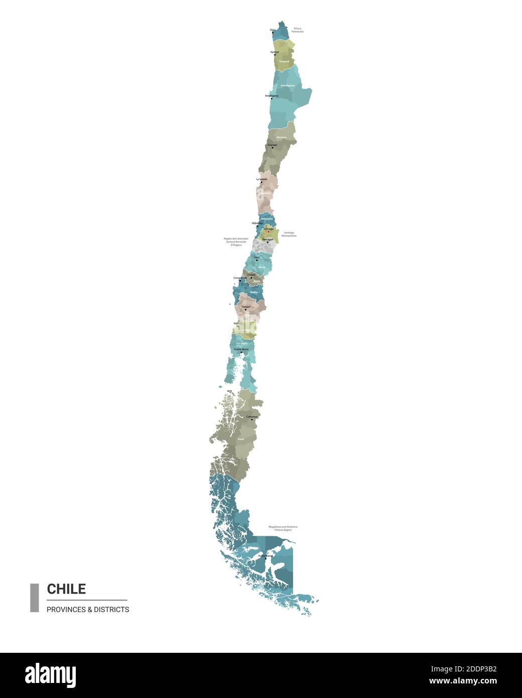Carte détaillée de l'higt du Chili avec subdivisions. Carte administrative du Chili avec le nom des districts et des villes, colorée par les États et les districts administratifs. Illustration de Vecteur