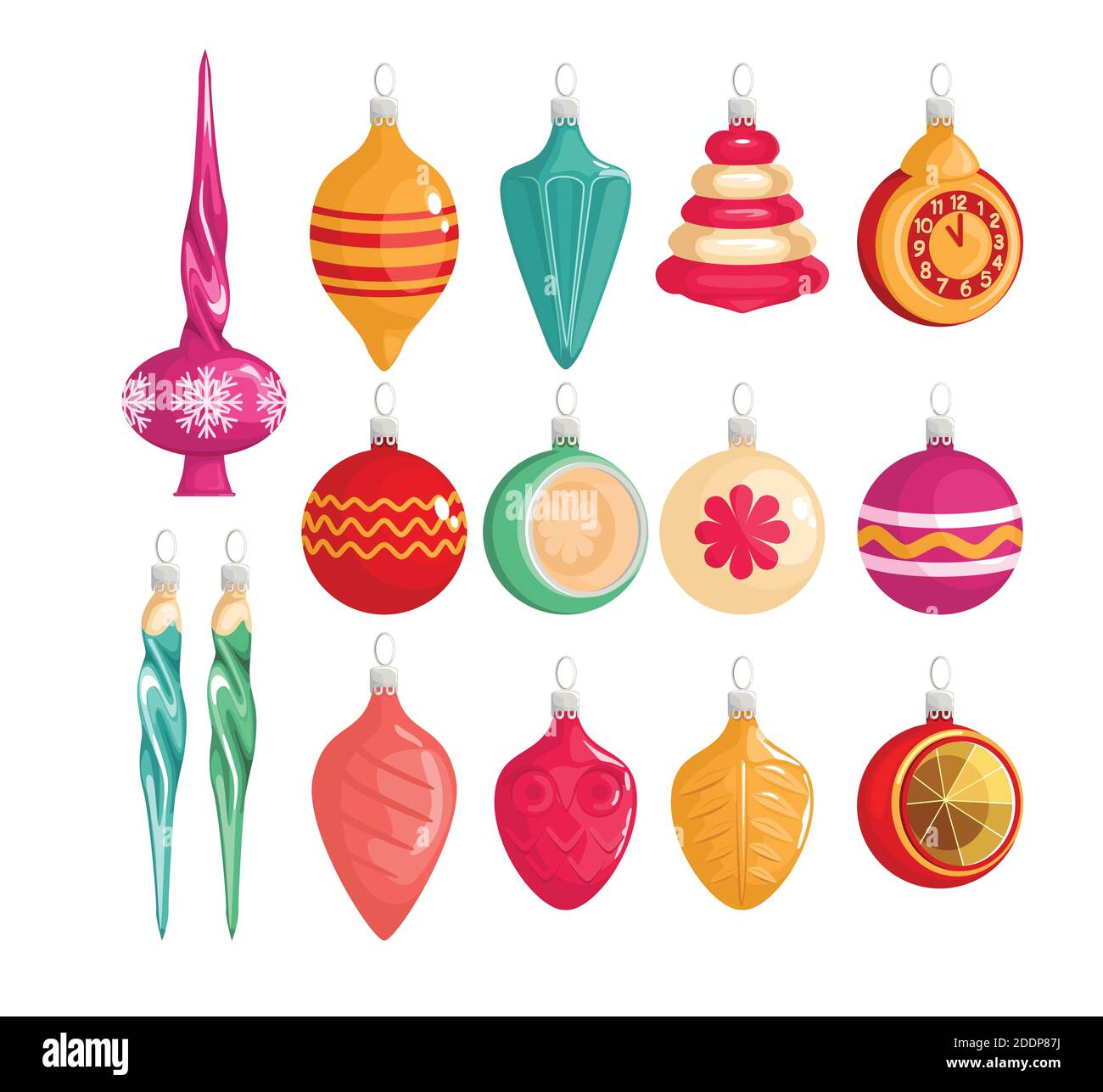 Collection de belles décorations de Noël arbre isolé sur fond blanc vecteur illustration ensemble. Balles, étoiles, décor avec glaces. Vect coloré Illustration de Vecteur