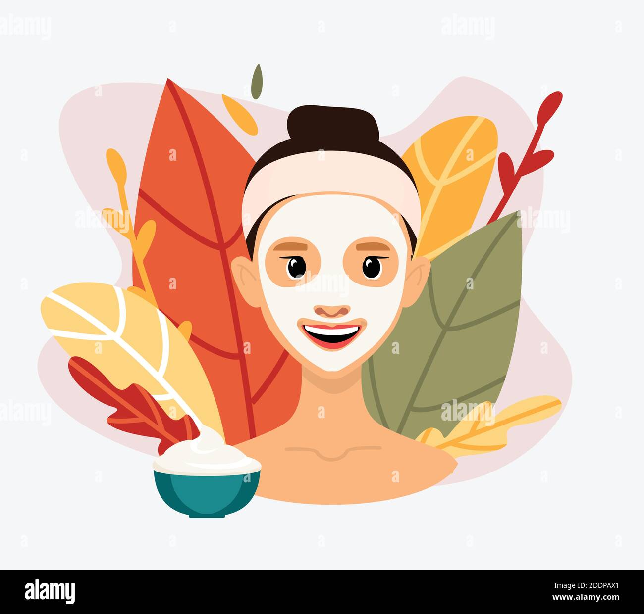 Femme avec masque facial cosmétique. Fond floral. Illustration vectorielle plate isolée sur fond blanc. Illustration de Vecteur