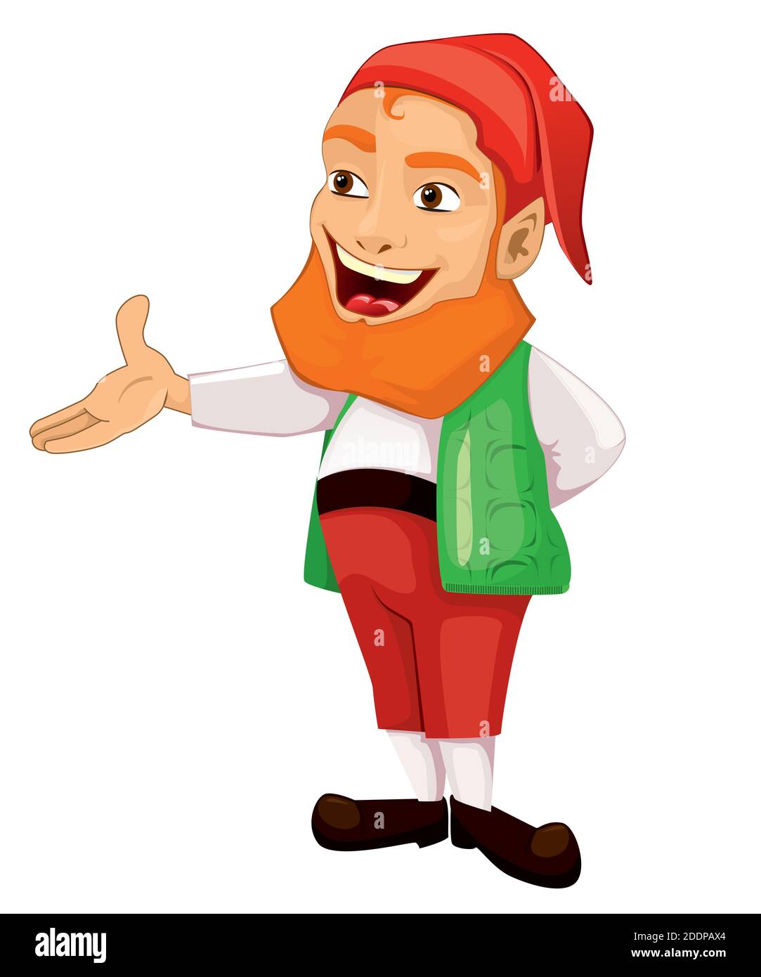 Gnome de Noël, aide du père noël, leprechaun. Indique avec sa main. Vecteur sur fond blanc Illustration de Vecteur