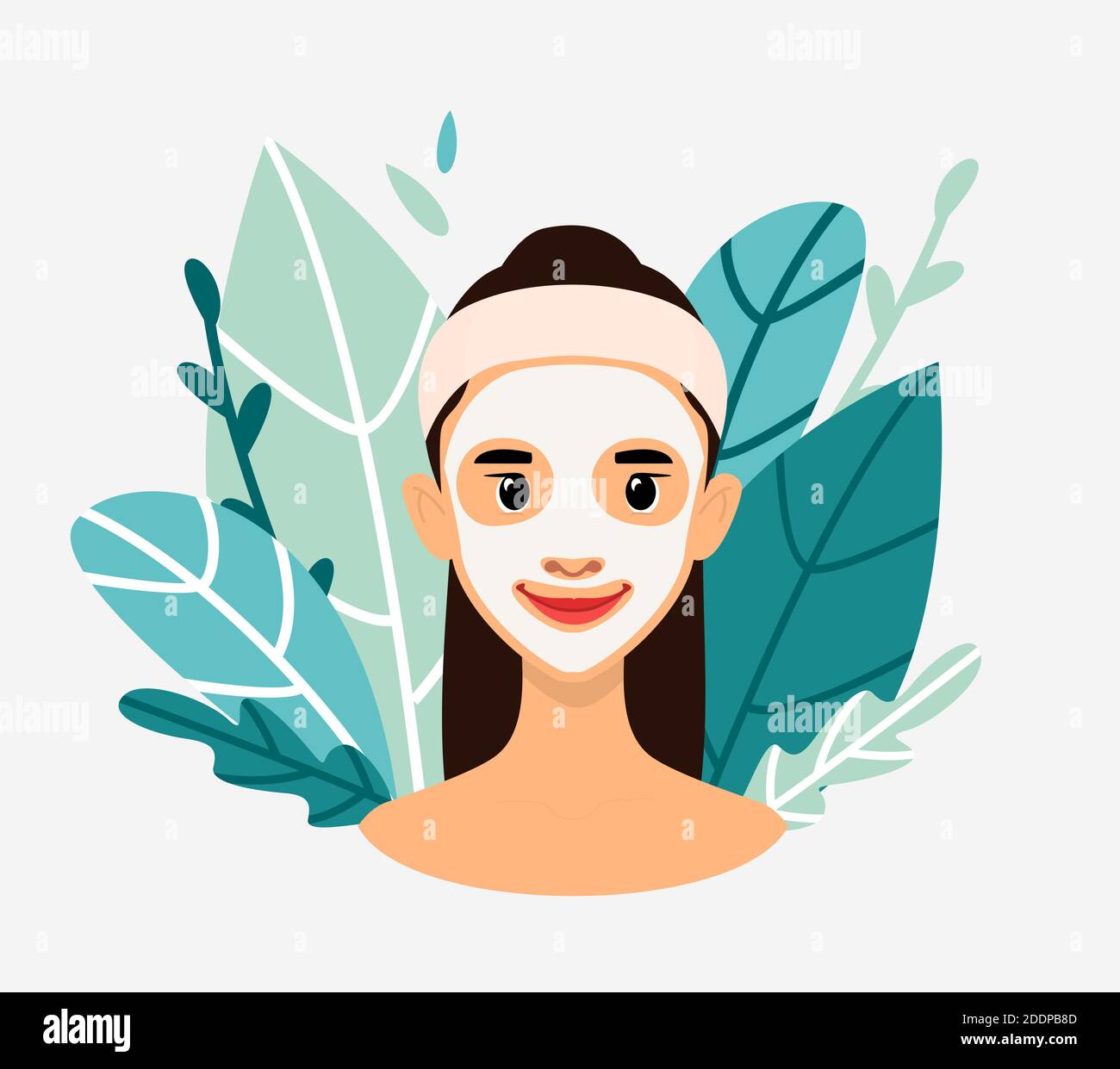 Femme avec masque facial cosmétique. Fond floral. Illustration vectorielle plate isolée sur fond blanc. Illustration de Vecteur
