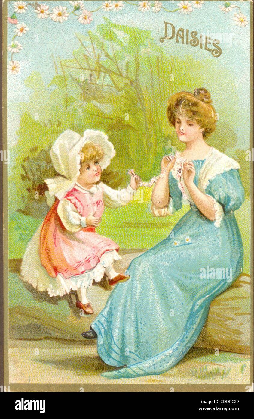 Carte postale de la mère et de l'enfant faisant des guirlandes de Marguerite vers 1904 Banque D'Images