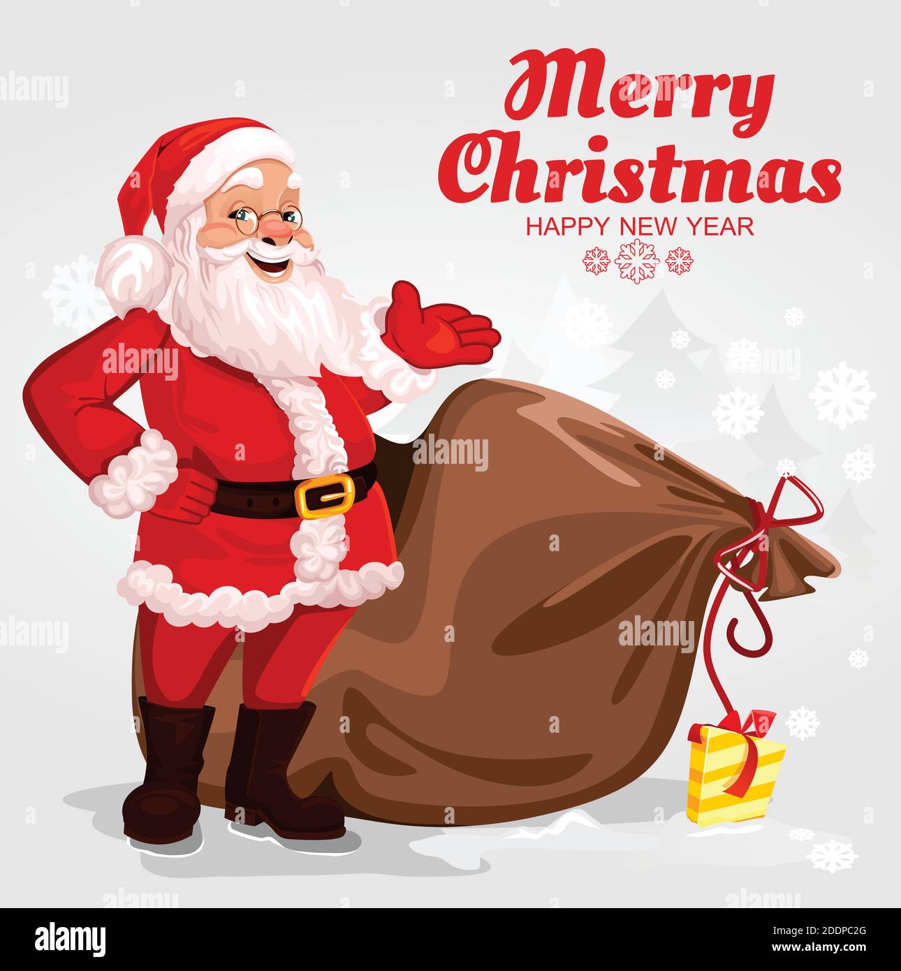 Joyeux Père Noël en pleine croissance, joyeux, de bonne humeur, avec un sac de cadeaux et l'inscription Joyeux Noël. Peut être utilisé pour une carte postale, ba Illustration de Vecteur