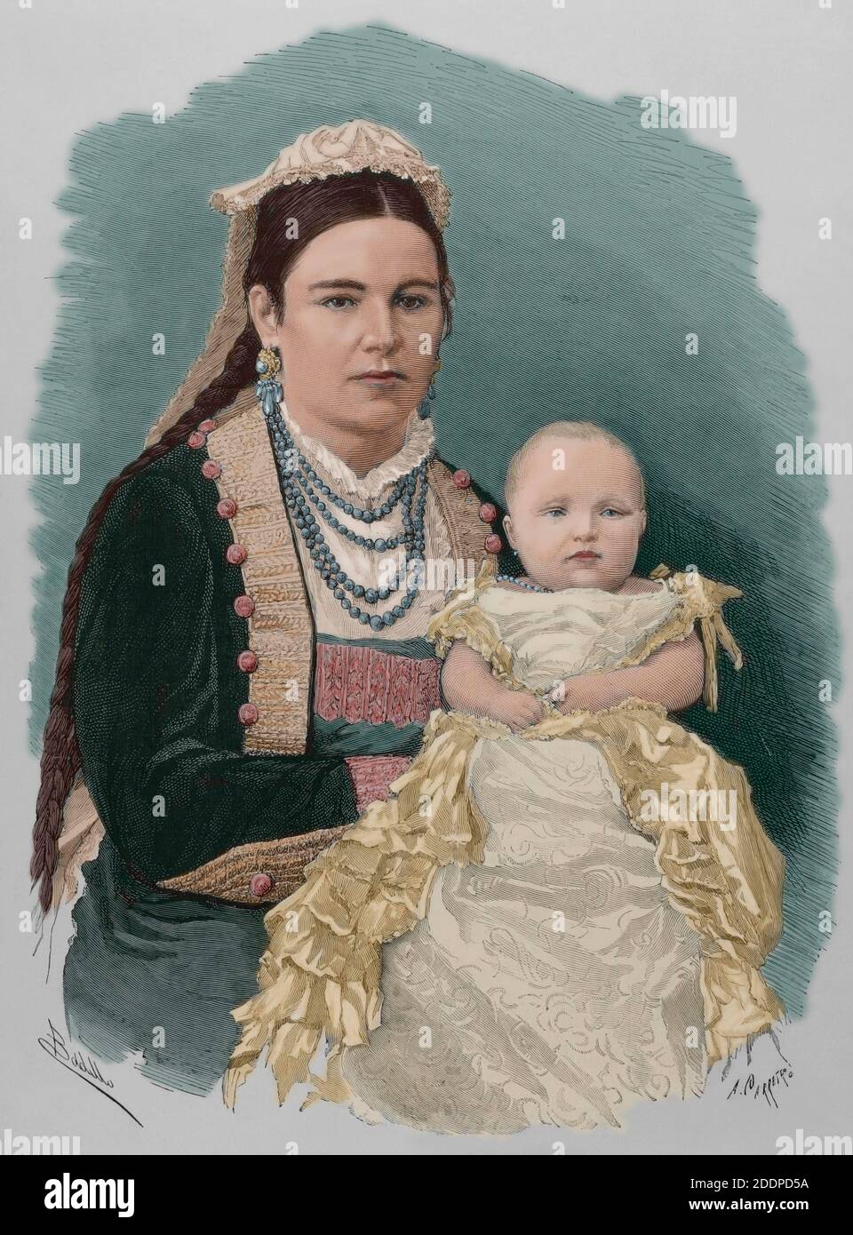 María de las Mercedes de Borbón y Habsburgo-Lorena (1880-1904). Infanta de España y Princesa de Asturias. S. A. R. la infanta Herderera, Doña Maria de las Mercedes, en brazos de una nodriza. Ilustración por Badillo. Grabado por Carretero. La Ilustración Española y Americana,15 de febrero de 1881. Coloreado. Banque D'Images