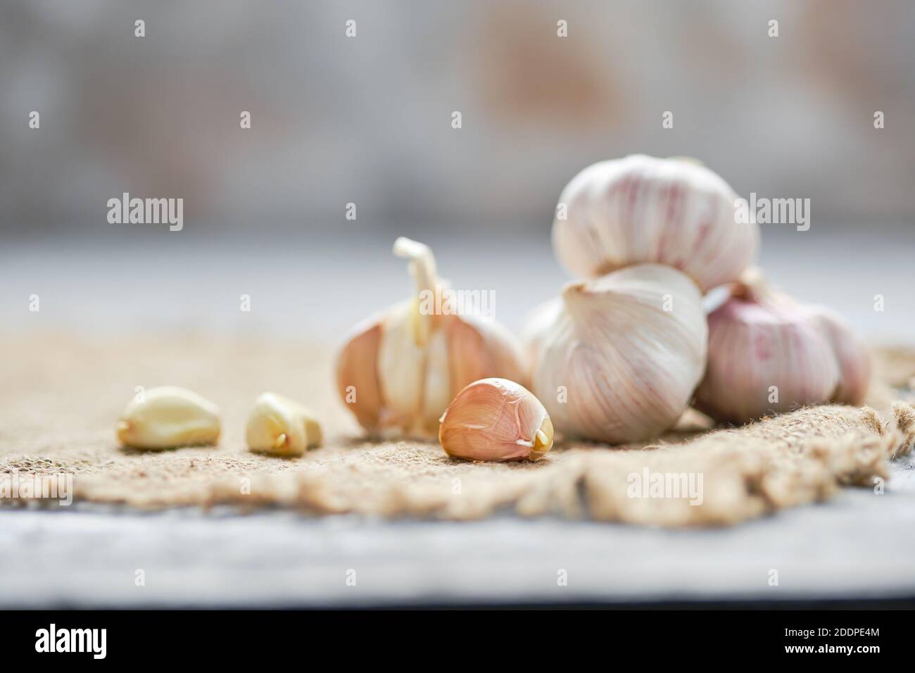 Gousses d'ail et ampoules sur planche à découper en bois (photo avec peu de profondeur de champ) Banque D'Images