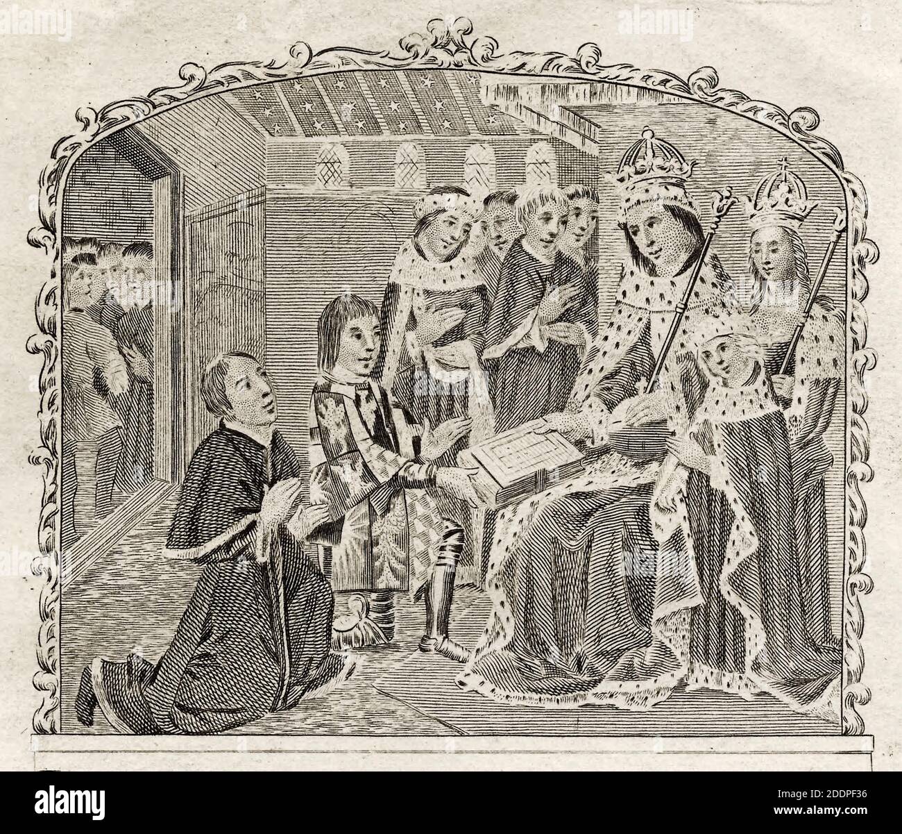 Earl Rivers (1440-1483), présentant le premier livre imprimé en anglais et William Caxton (1422-1491) son imprimeur au roi Edward IV (1442-1483), gravure de Charles Grignion, avant 1810 Banque D'Images