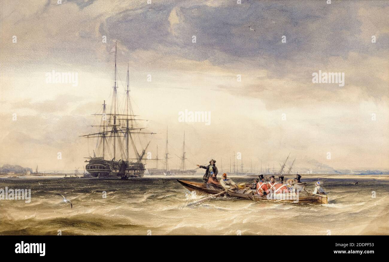 Des soldats sont mis en rangée sur un navire britannique Indiaman de l'est à Northfleet, Essex, peint par George Chambers, avant 1840 Banque D'Images