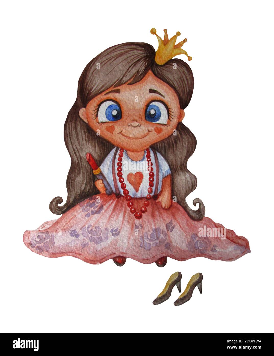 Illustration Pour Enfants Une Petite Princesse Mignonne Est Une Fille Fashionista Dans Une Jupe Longue Et Avec Un Rouge A Levres Dans Ses Mains Un Bebe Drole Joue Un Adulte Photo Stock