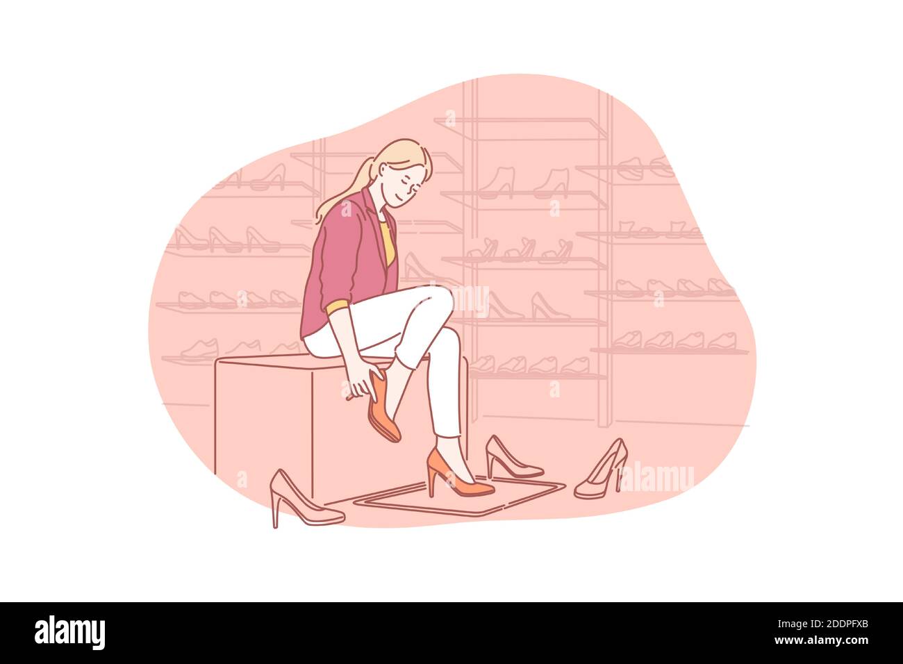 Concept de shopping, d'habillement, de chaussures. La jeune femme va sauter et essaie des chaussures de la nouvelle collection dans les cabines d'essayage. Heureux satisfait fille consommateur veut Illustration de Vecteur