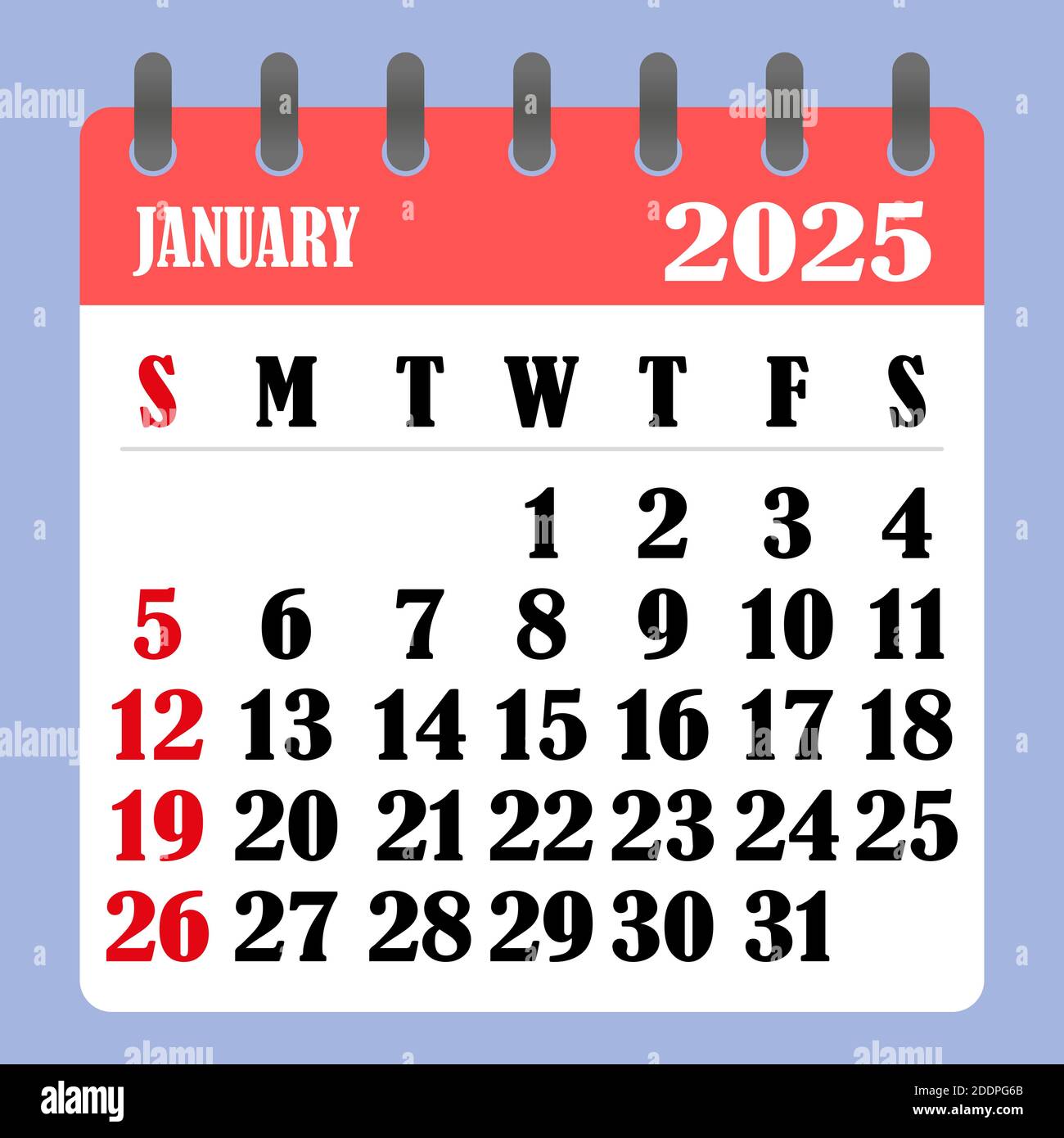Calendrier des lettres pour janvier 2025. La semaine commence le
