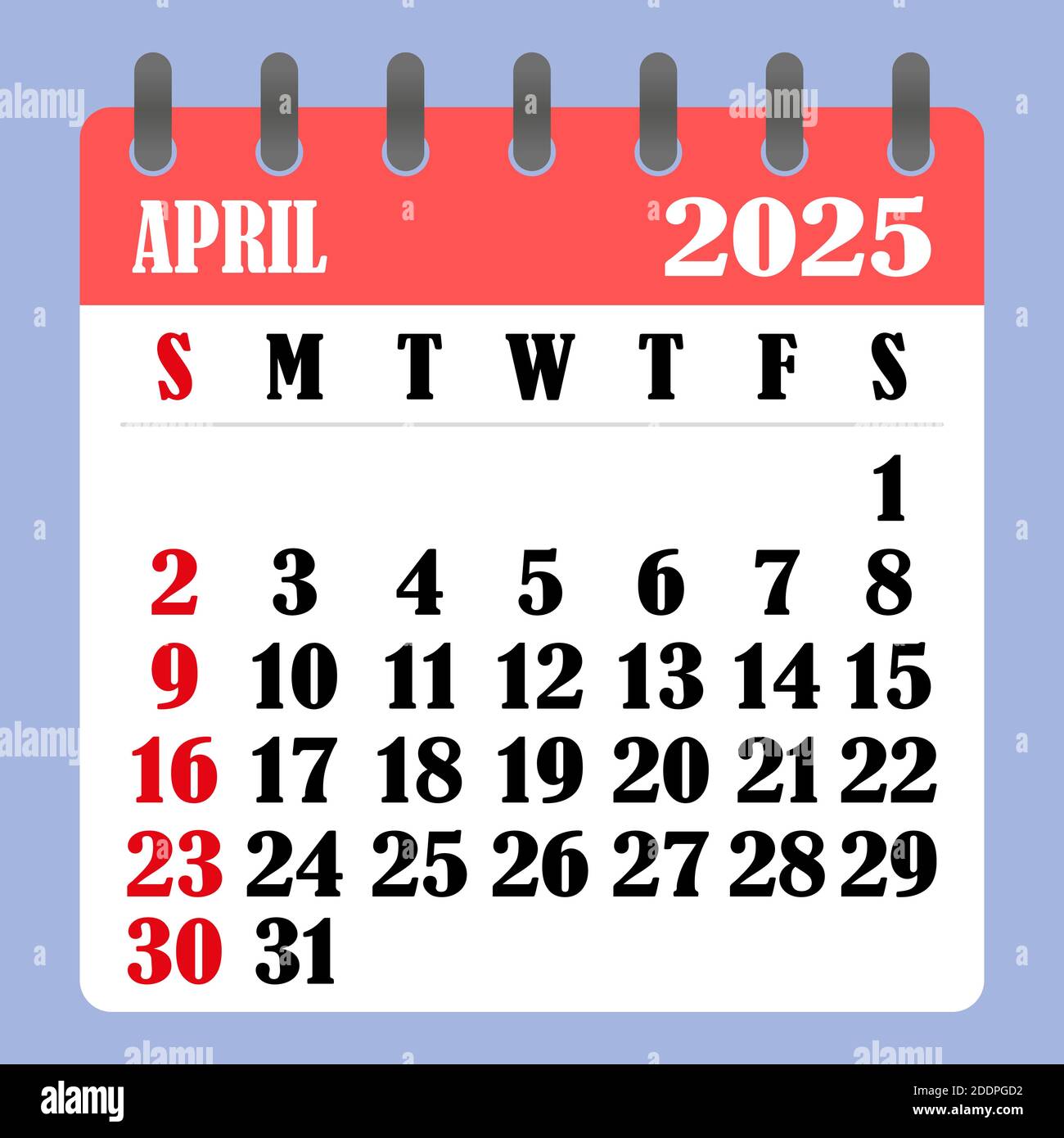 Calendrier des lettres pour avril 2025. La semaine commence le dimanche. Concept du temps, de la