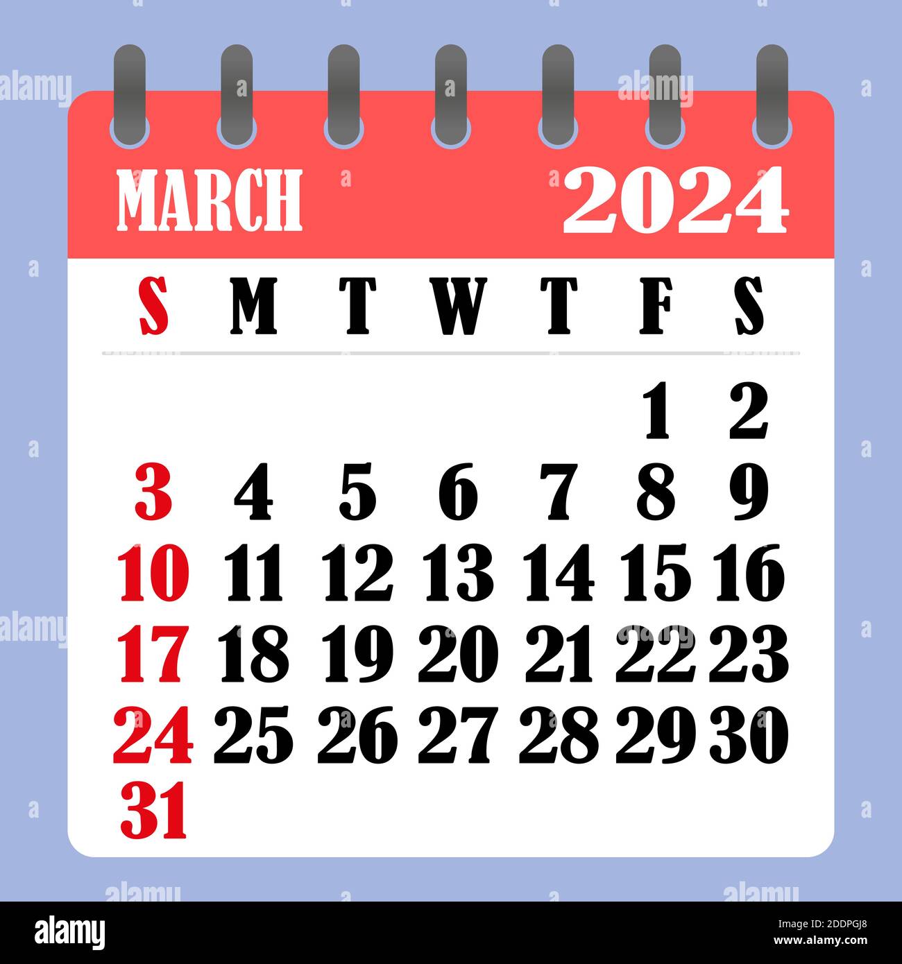 Calendrier des lettres pour mars 2024. La semaine commence le dimanche