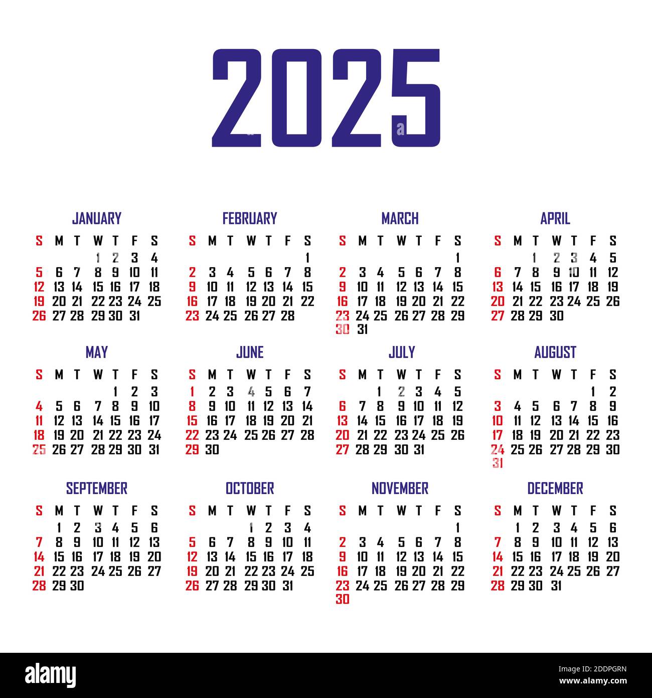 Calendrier 2025. La semaine commence le dimanche. Modèle de calendrier