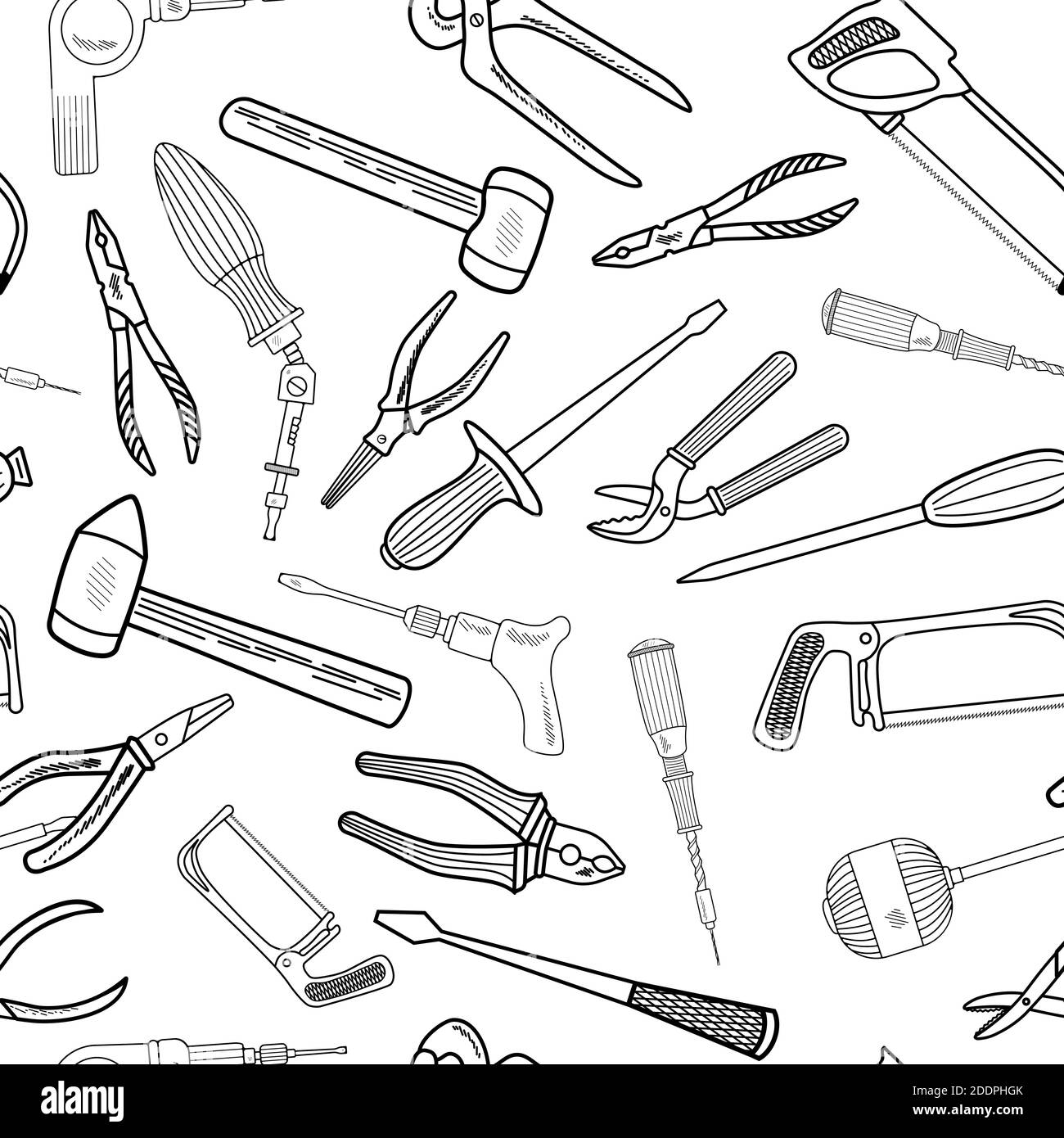Motif sans couture avec outils de travail dessinés à la main. Collection d'outils à main. Dessin animé fait main de divers éléments d'esquisse: Marteau, scie, tournevis à perceuse. Sur un Illustration de Vecteur