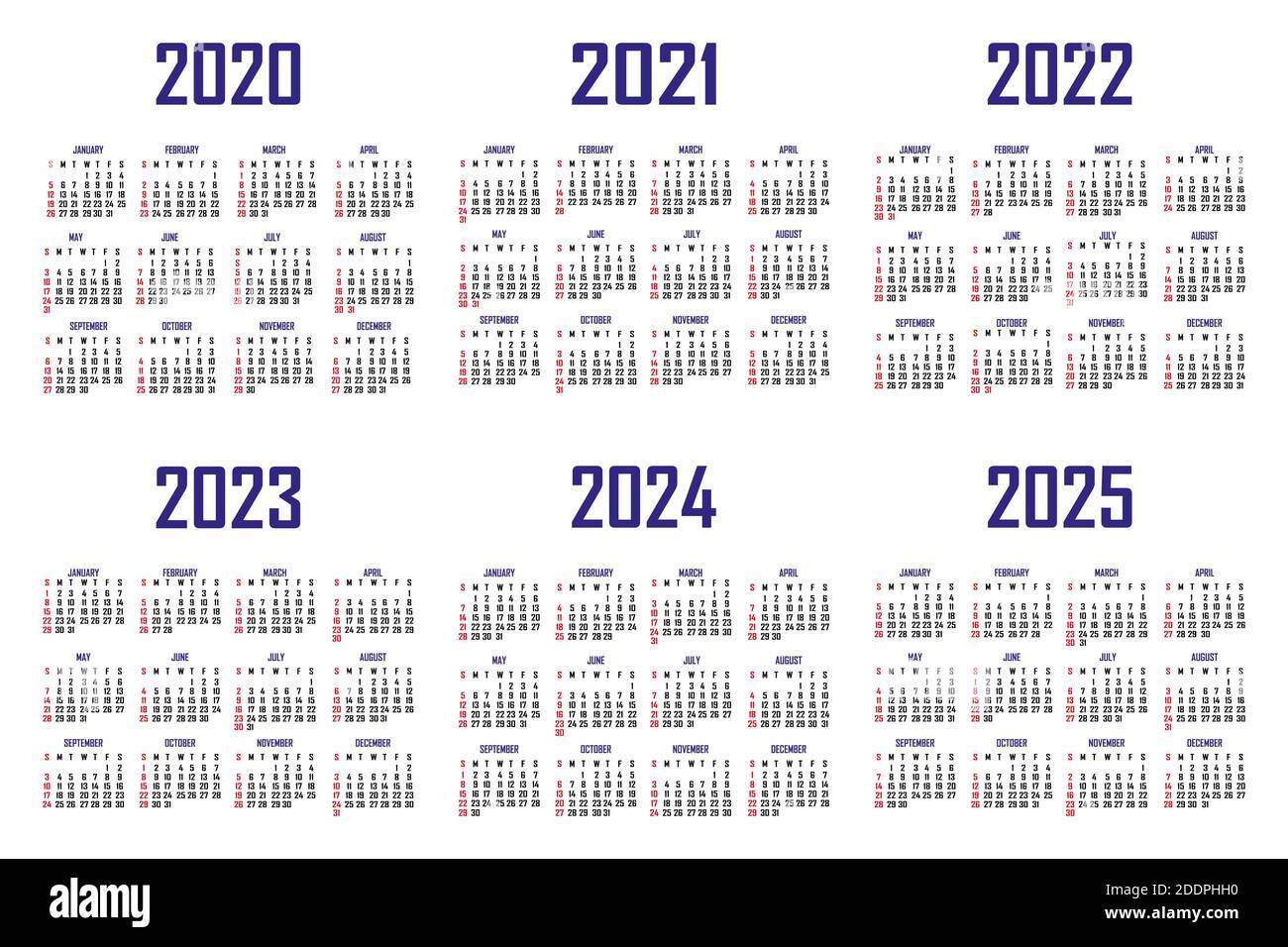 Calendrier 2020, 2021, 2022, 2023, 2024, 2025. La semaine commence le dimanche. Modèle de calendrier simple. Portrait de l'orientation verticale. Organisateur annuel o Illustration de Vecteur