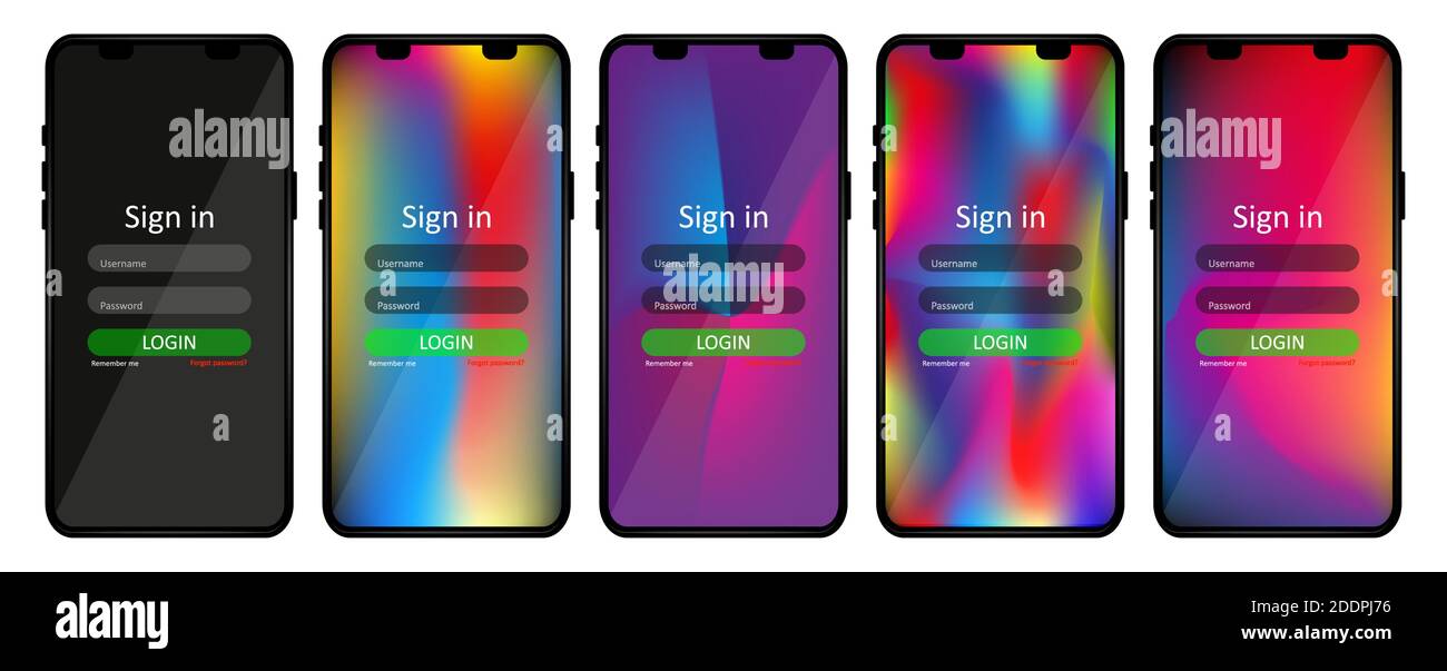 Ensemble d'écrans permettant de se connecter aux utilisateurs avec un identifiant et un mot de passe. Interface utilisateur et formulaire de page pour les applications mobiles. Configuration réaliste du smartphone et Illustration de Vecteur