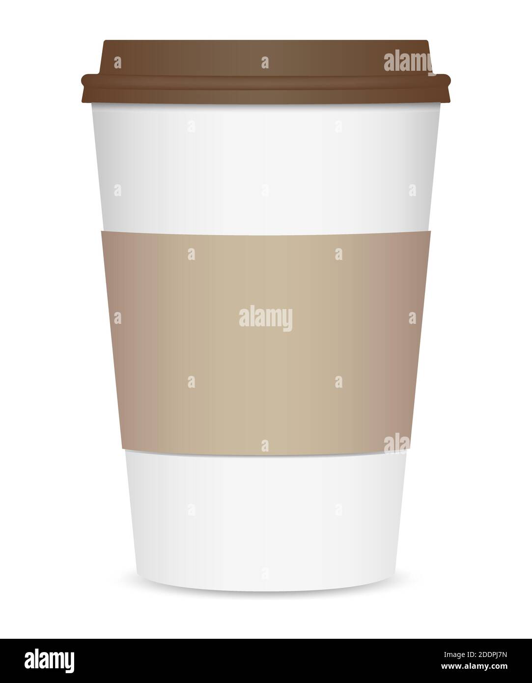 Disposition d'une tasse à café réaliste avec couvercle marron et porte-gobelet. Vue avant. Isolé sur fond blanc. Illustration vectorielle Illustration de Vecteur